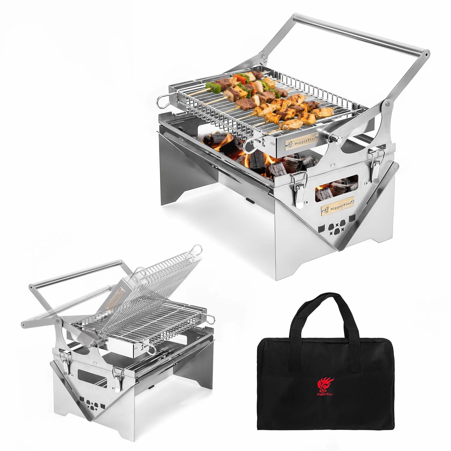 Obrotowy grill ze stali nierdzewnej 360° z funkcją przewracania, przenośny grill na węgiel drzewny na zewnątrz