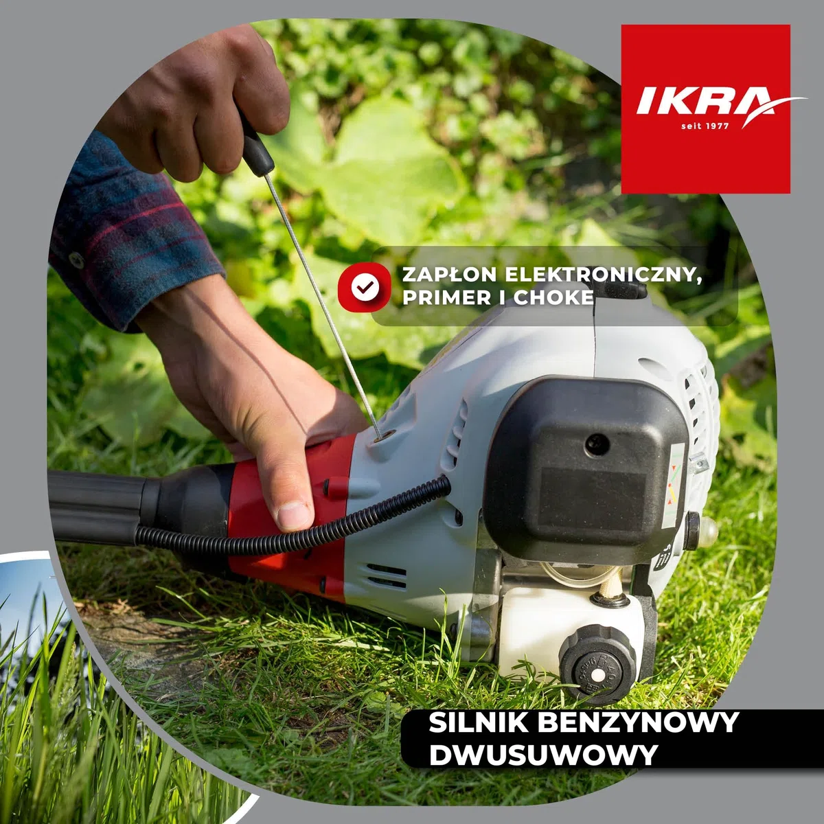 IKRA Podkaszarka spalinowa IBF 43 z przydatnymi akcesoriami 25cm³ 0,8 kW | Bogaty zestaw:nóż 4- i 8-zębny,szpula,okulary,pas naramienny,silnik 2-suwowy,uchwyt rowerowy,szerokość cięcia 23 cm