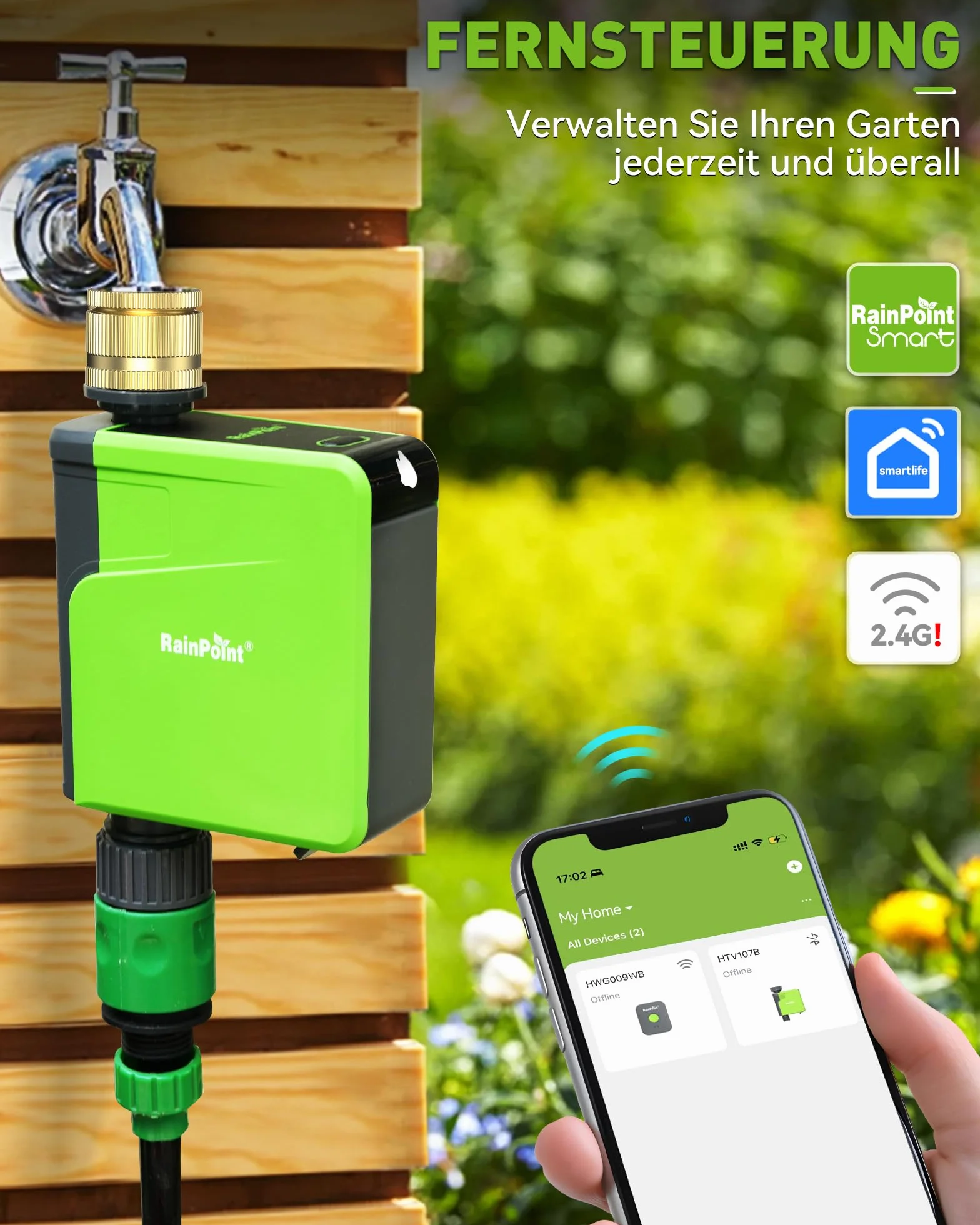 RAINPOINT Komputer do nawadniania WiFi 2,4 GHz z mosiężnym wejściem, inteligentny zegar do węża ogrodowego