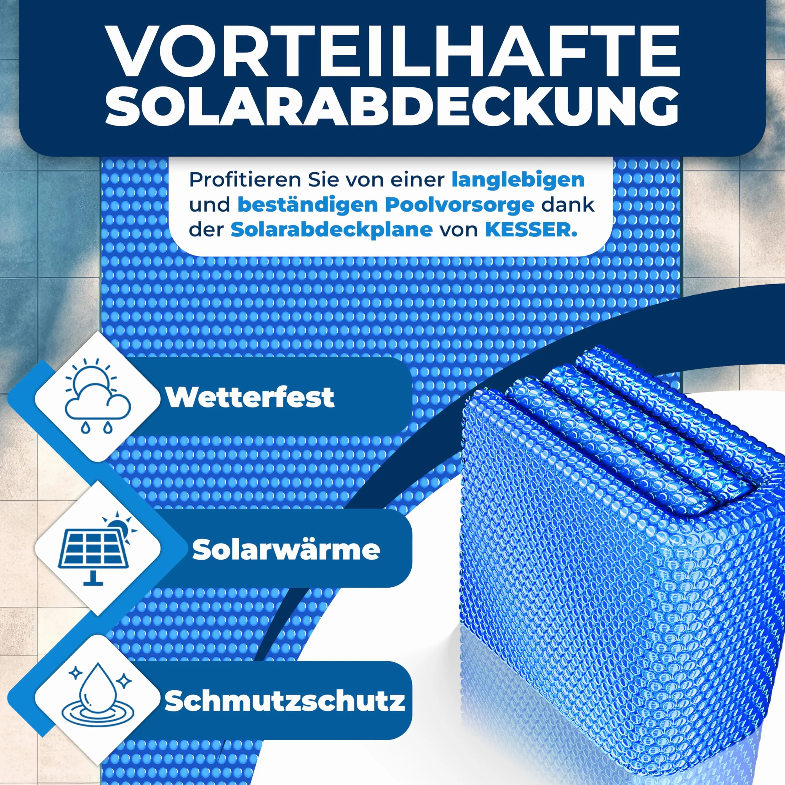 KESSER® Folia solarna do basenu 400 µm, prostokątna, 732 x 366 cm, osłona basenu, elastyczna możliwość przycięcia, plandeka basenowa do podgrzewania wody, osłona solarna z nożyczkami, szczypcami do