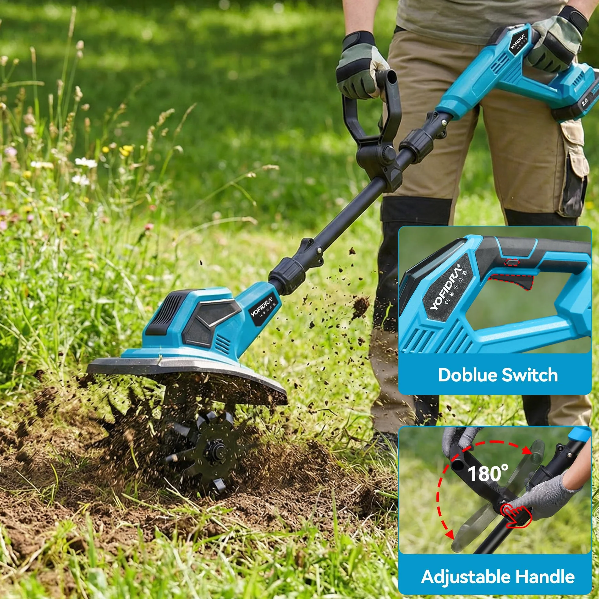 Yofidra Akumulatorowa glebogryzarka/kultywator – glebogryzarka o mocy 600 W, szerokości roboczej 23 cm i głębokości roboczej 17 cm, 2 akumulatorami 2,0 Ah, 4 zębami 12-zębowymi