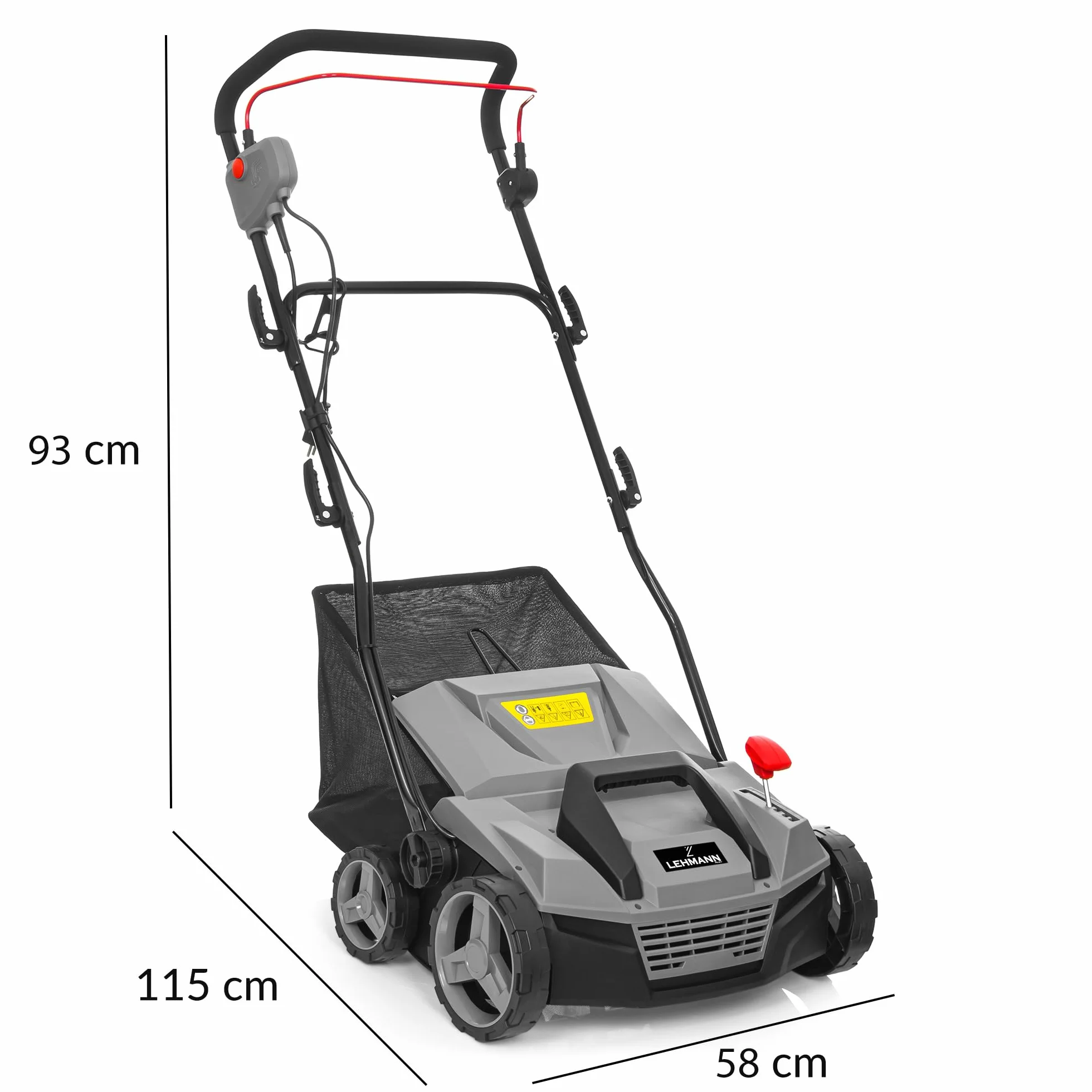 LEHMANN Elektryczny wertykulator i napowietrzacz trawnika 2 w 1, 1800 W, szerokość robocza 38 cm, 5-stopniowa regulacja głębokości roboczej, wertykulator trawnika z koszem na trawnik o pojemności 48 l