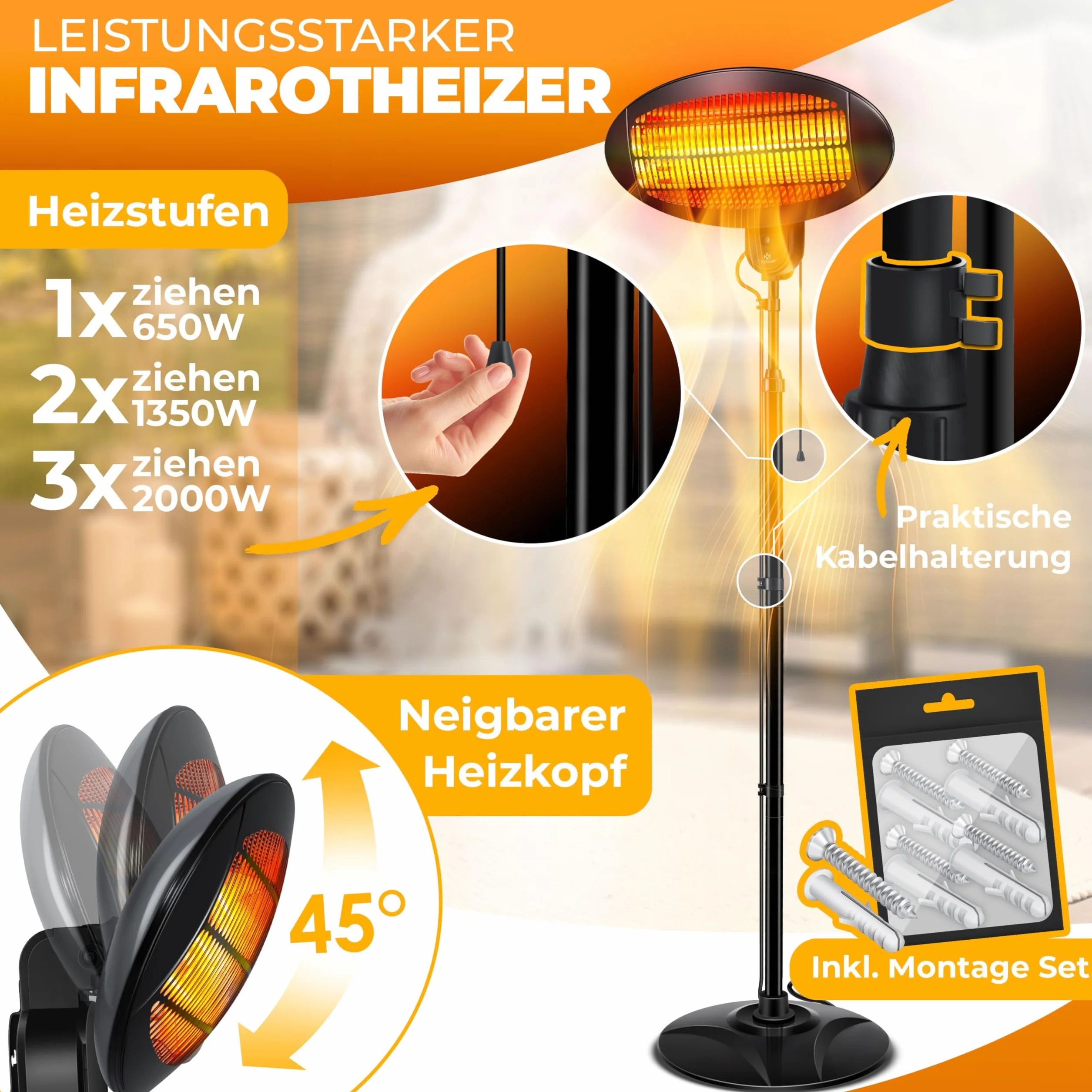 KESSER Promiennik podczerwieni 2000 W z regulacją wysokości, do użytku wewnątrz i na zewnątrz