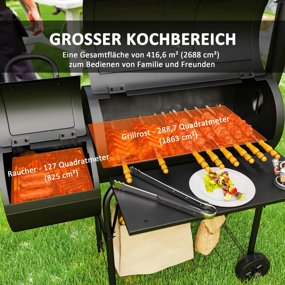 Outsunny Grill na węgiel drzewny ze stali, BBQ Smoker z pokrywką, termometr, kółka, wózek na kółkach z dopływem powietrza, pojemnik na węgiel węglowy, na kemping, do ogrodu, 109 x 60 x 120 cm