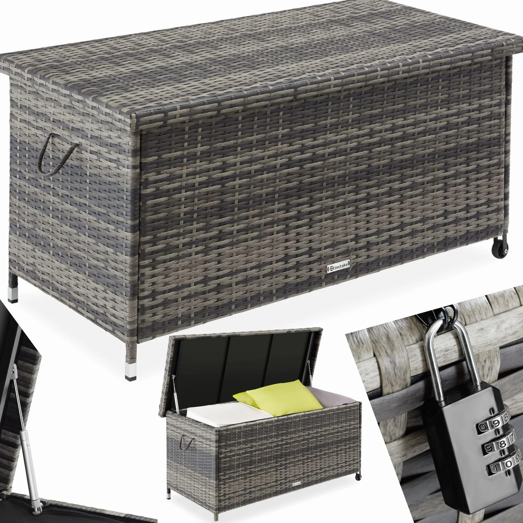 tectake® Uniwersalna Skrzynia Ogrodowa, Duża Pojemność 297l, 117x54x64cm, Trwała Plecionka z Polirattanu, Wytrzymała Rama z Aluminium, Wzmocniona Pokrywa z Systemem Sprężyny Gazowej (Szary)