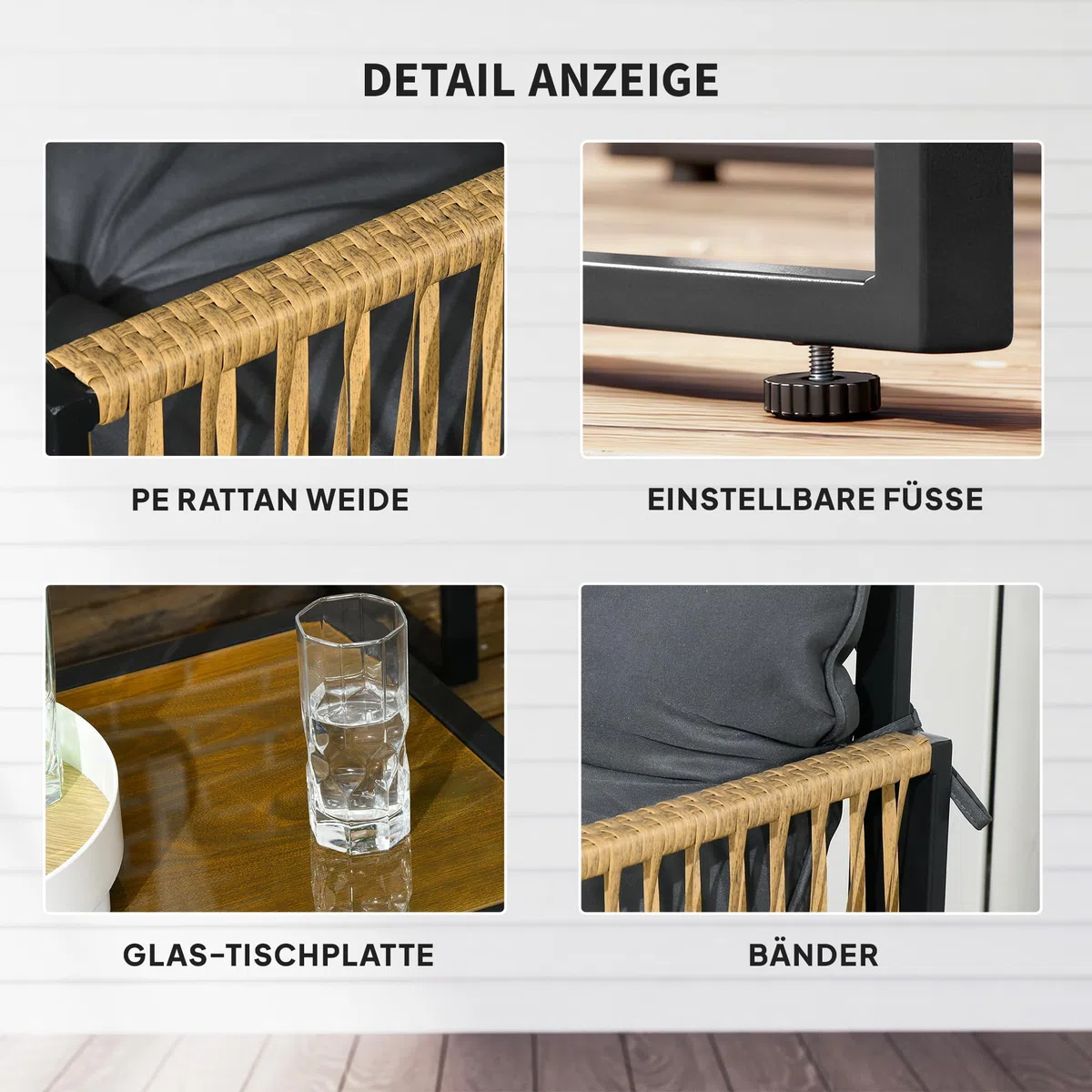 Outsunny 4-cz. rattanowy zestaw ogrodowy z poduszkami Brąz | Zestaw wypoczynkowy, meble ogrodowe, stolik szklany, 2 fotele, sofa 2-os., na taras