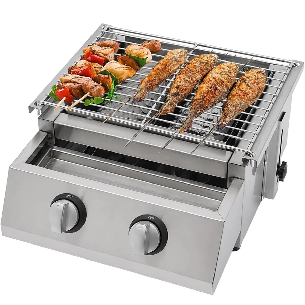 Dwupalnikowy grill gazowy Deluxe ze składanymi stolikami bocznymi, przenośny grill gazowy LPG, elektroniczny zapłon, regulacja wysokości, zewnętrzna kuchenka stołowa do grillowania