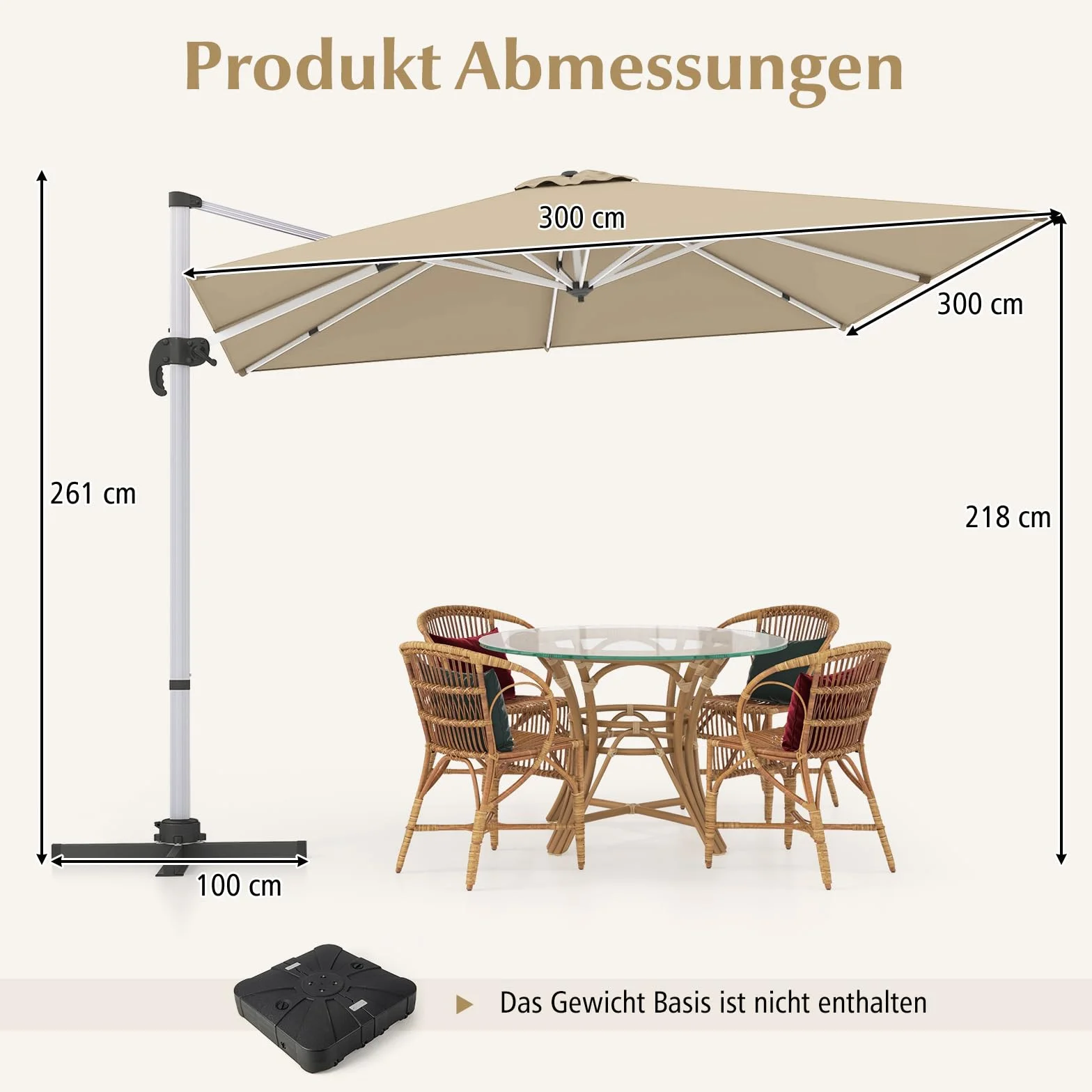 COSTWAY Parasol przeciwsłoneczny prostokątny 300 x 300 cm z korbą odchylany 360° beżowy