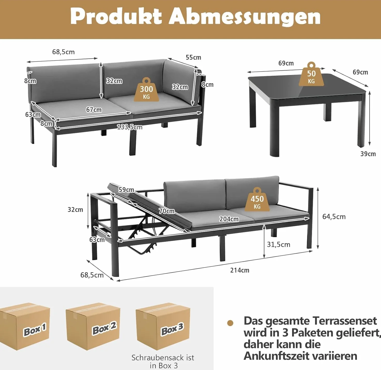 KOMFOTTEU Zestaw mebli ogrodowych dla 5-6 osób, sofa narożna L i stolik kawowy, aluminium