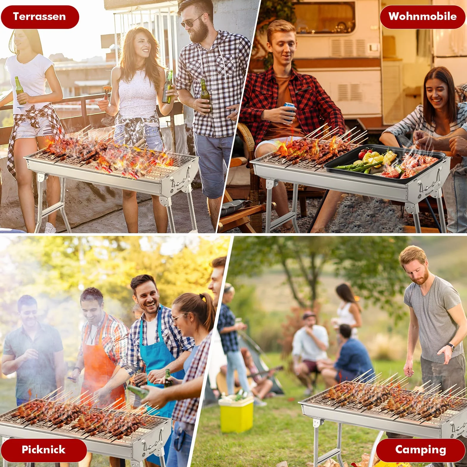 Grill na węgiel drzewny XXL (73 x 28 x 76 cm), przenośny grill węglowy, składany grill ze stali nierdzewnej, grill z tacą na przyprawy, kosz do przechowywania, grill stojący, grill węglowy, składany
