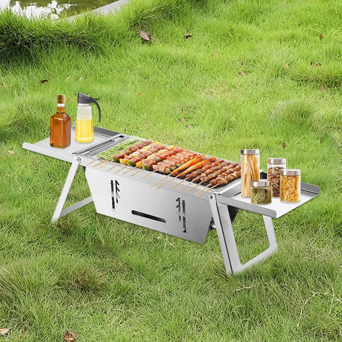 Przenośny Grill Węglowy Grill Kempingowy na Węgiel | Stalowa Ruszta Przenośna Oszczędzająca Miejsce na Kemping Piknik Plażę Kampery Ogród