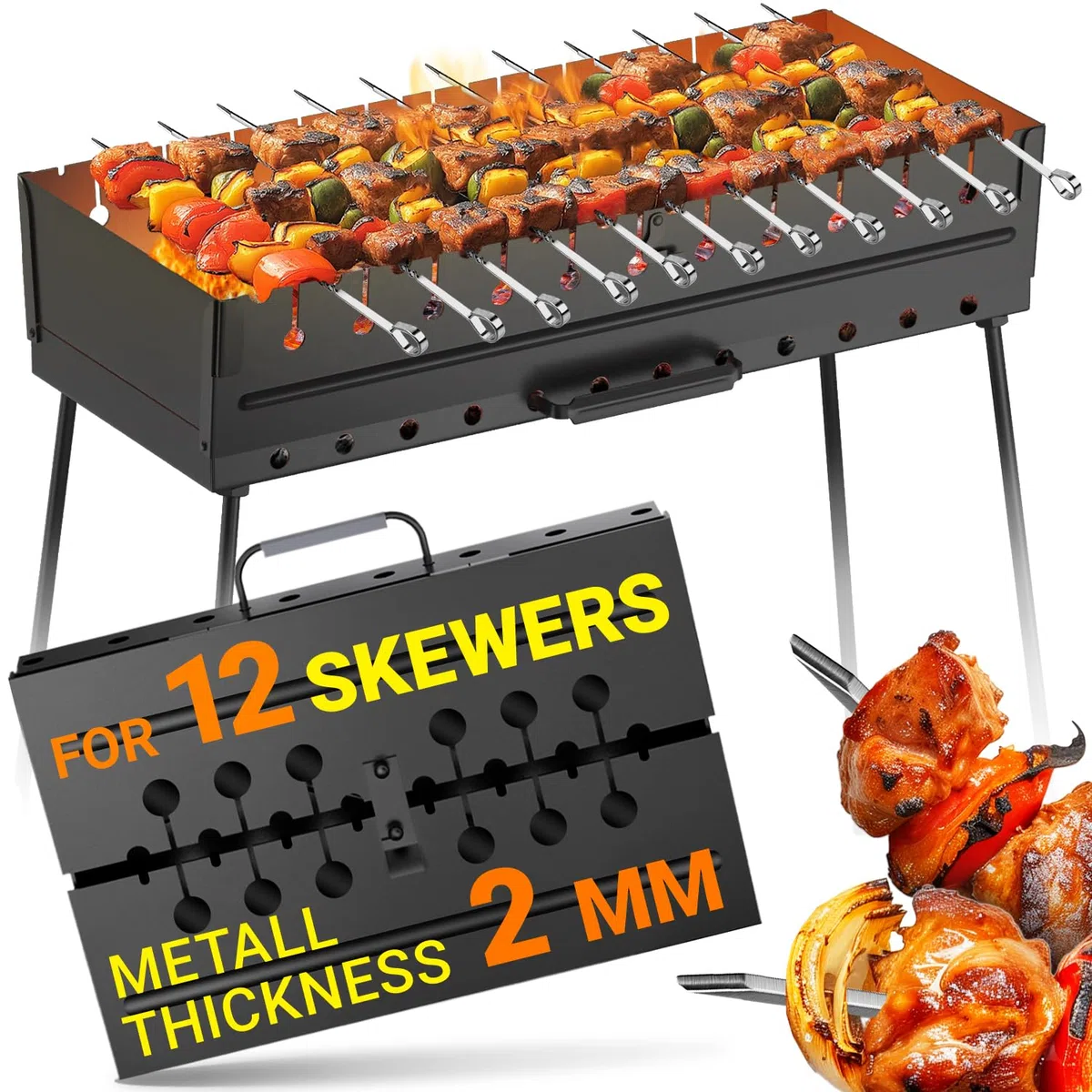 Grill na węgiel drzewny na 12 szpikulców – przenośny grill 61 cm dł. x 30 cm szer. x 56 cm wys. – grill kabob – składany metalowy mangal – szaszłyk do kebaba – grill na piknik EDC, gotowanie na zewnątrz, kemping, wędrówki