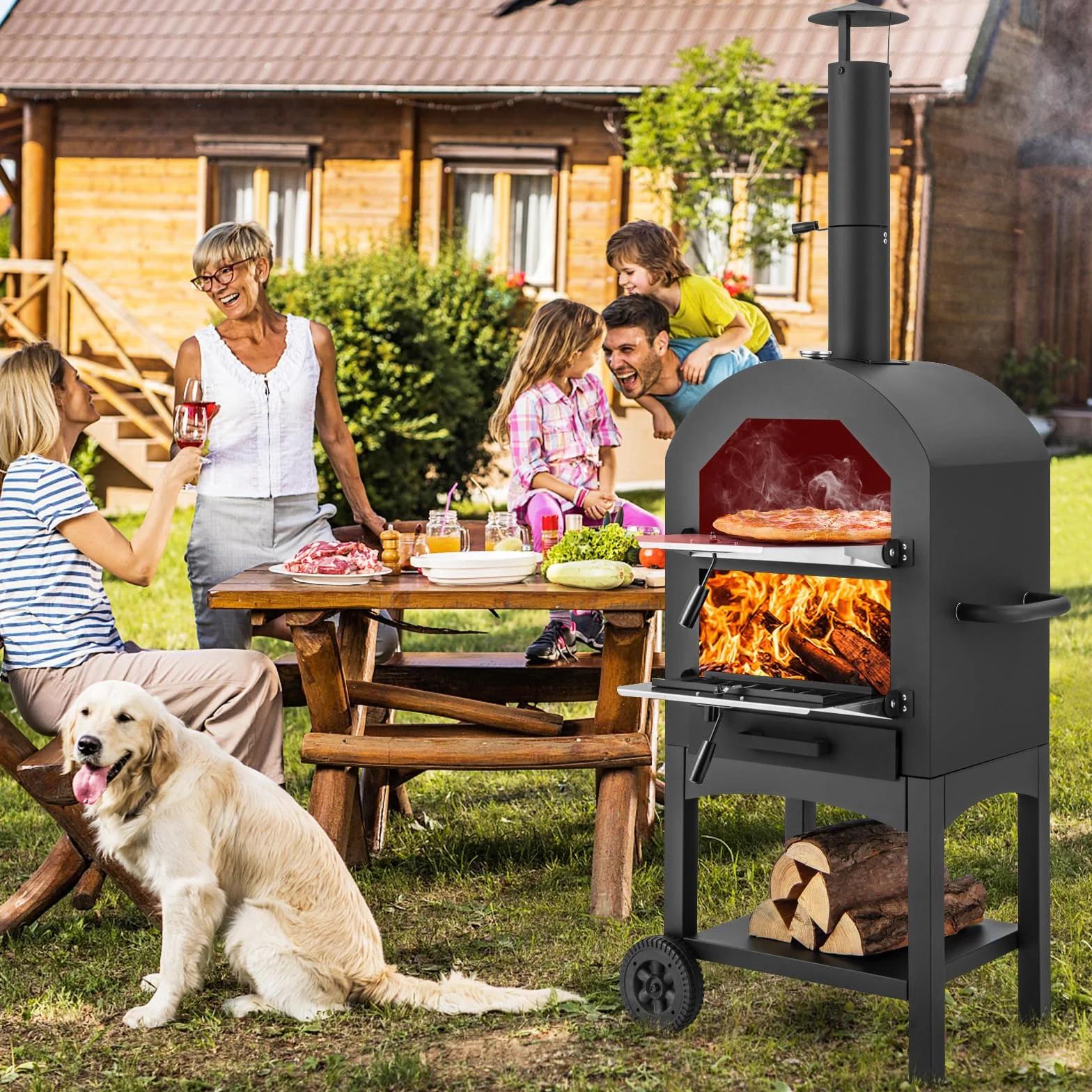 COSTWAY Piec do pizzy opalany drewnem z termometrem i kółkami na zewnątrz