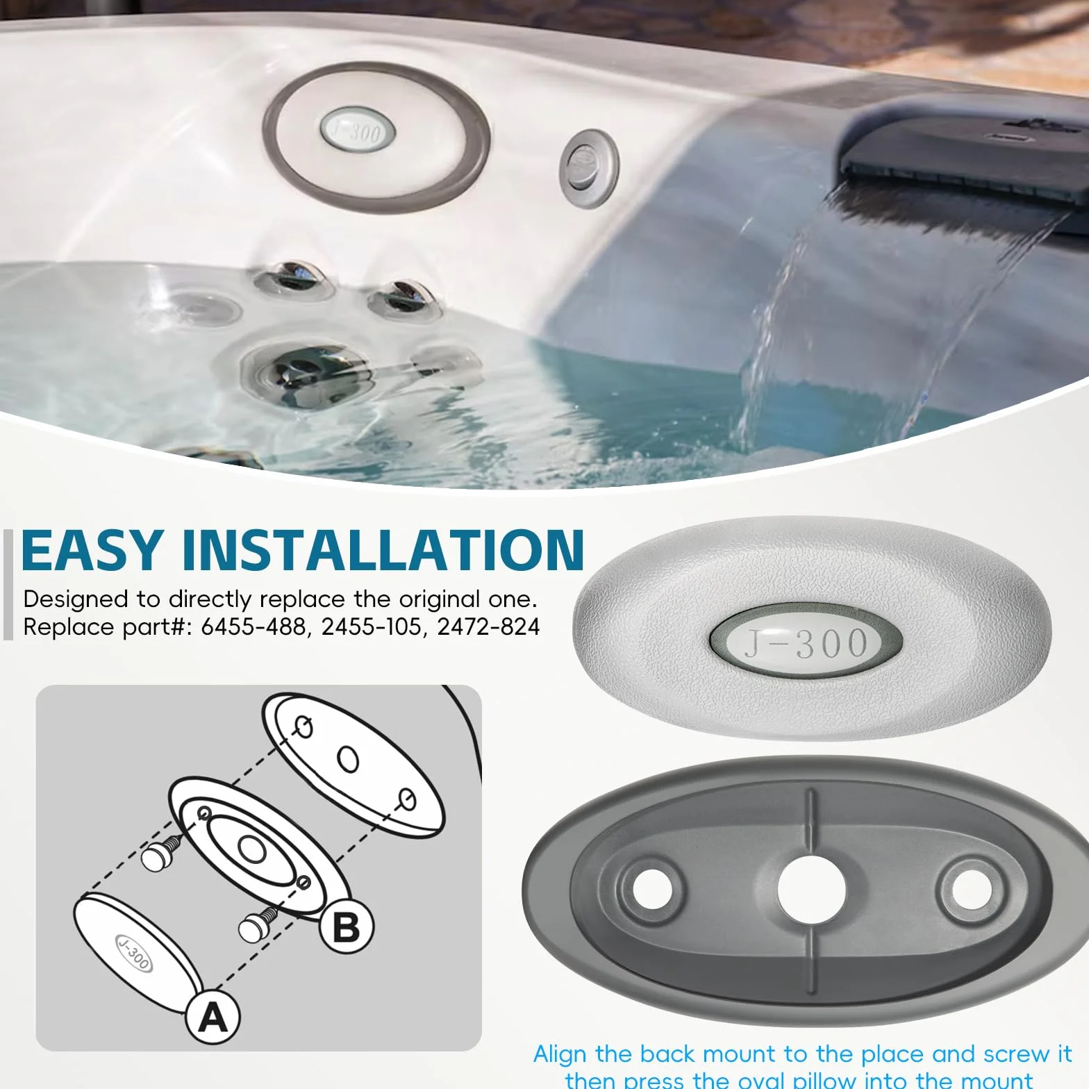 Sunluway 4-pak 2455-263 owalna poduszka spa i mocowanie z tyłu - wzmocnione wsparcie, niestandardowe dopasowanie do 2004-2017 prawie wszystkich jacuzzi serii J-300 (2472-824)