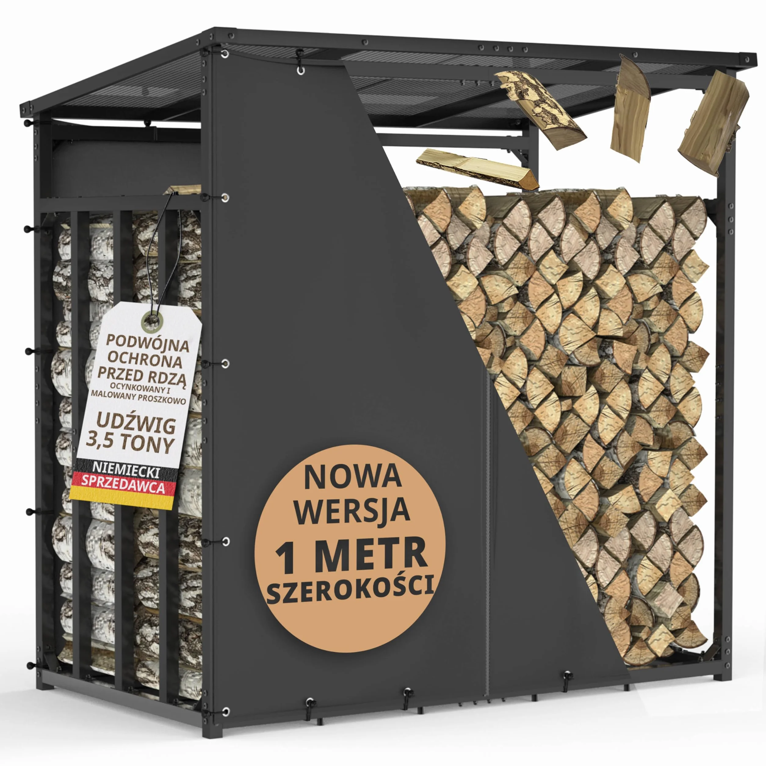 Stojak regał na drewno kominkowe 185x105x185 cm metalowy ocynkowany zadaszony antracytowy 3,5 t 5,25 m³