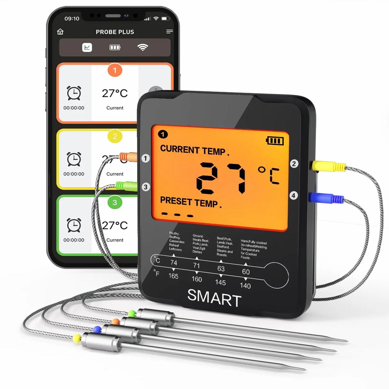 Uzone Termometr do mięsa, cyfrowy termometr Bluetooth, bezprzewodowy termometr z aplikacją 100 m, zdalny monitoring, termometr do piekarnika, smażenia, BBQ, podświetlenie ekranu LCD, 4 sondy