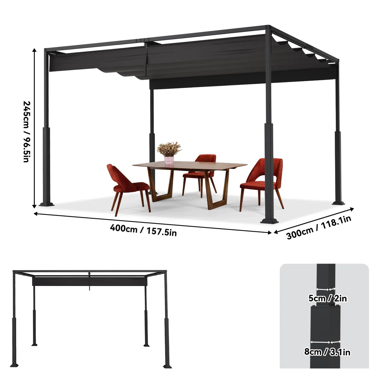 UISEBRT Pergola metalowa, 3 x 4 m, wodoodporna, stabilna, odporna na zimę, pawilon z dachem żaluzjowym, zadaszenie wolnostojące z sufitem rozsuwalnym, osłona przeciwsłoneczna do ogrodów i tarasów