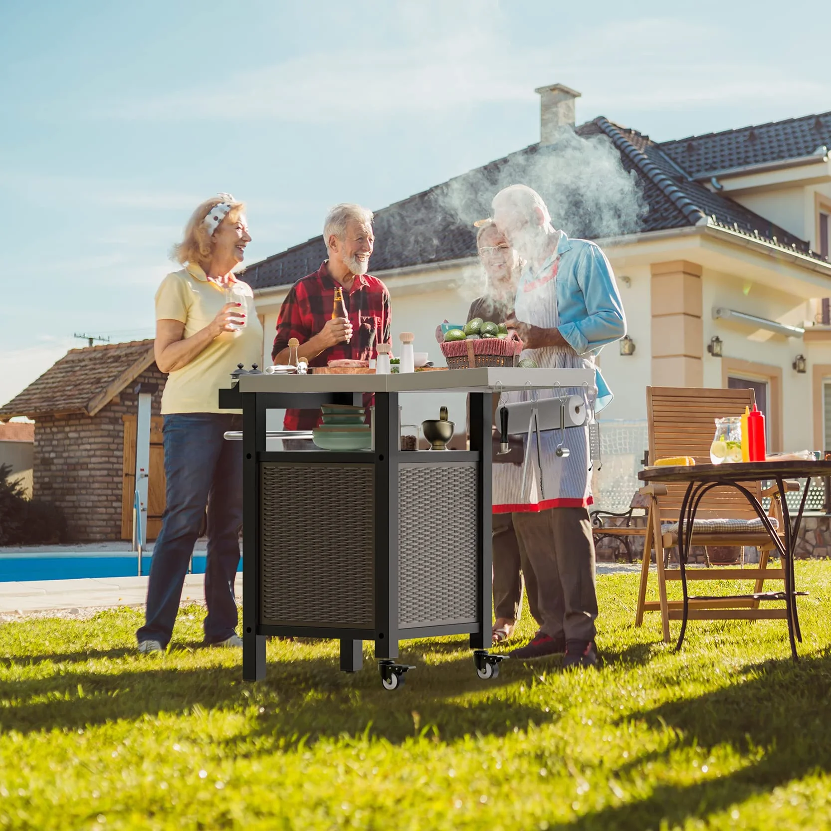 Onlyfire Stół do Grillowania na Zewnątrz, Wózek do Grilla ze Składanymi Półkami Bocznymi, Wózek do Serwowania na Zewnątrz z Kółkami, 3-poziomowy, Blat ze Stali Nierdzewnej, 97.5 × 56 × 91 cm