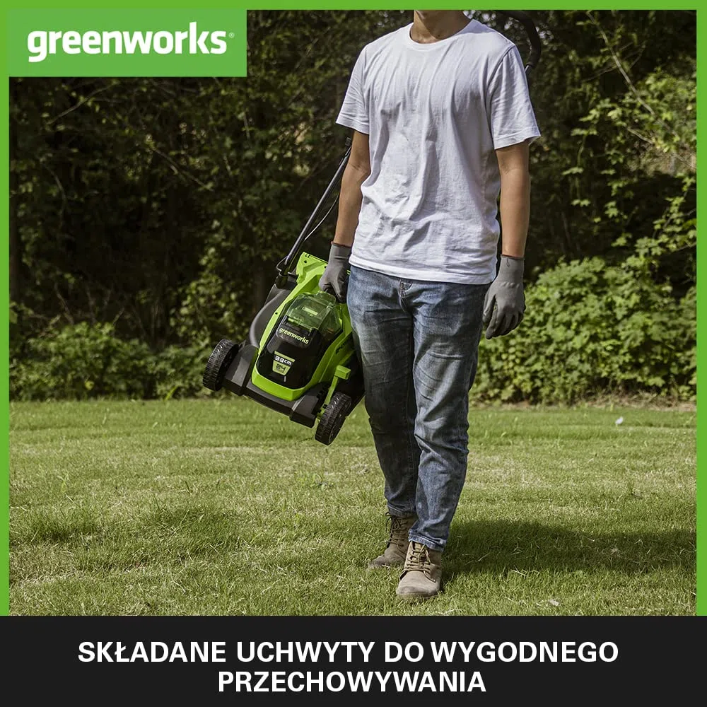 Greenworks GD24LM33 Kosiarka Akumulatorowa z Silnikiem Bezszczotkowym do Mniejszych Trawników do 280 m², Szerokość Koszenia 33 cm, torba 30l BEZ Baterii i Ładowarki 24 V, 3 Lata Gwarancji