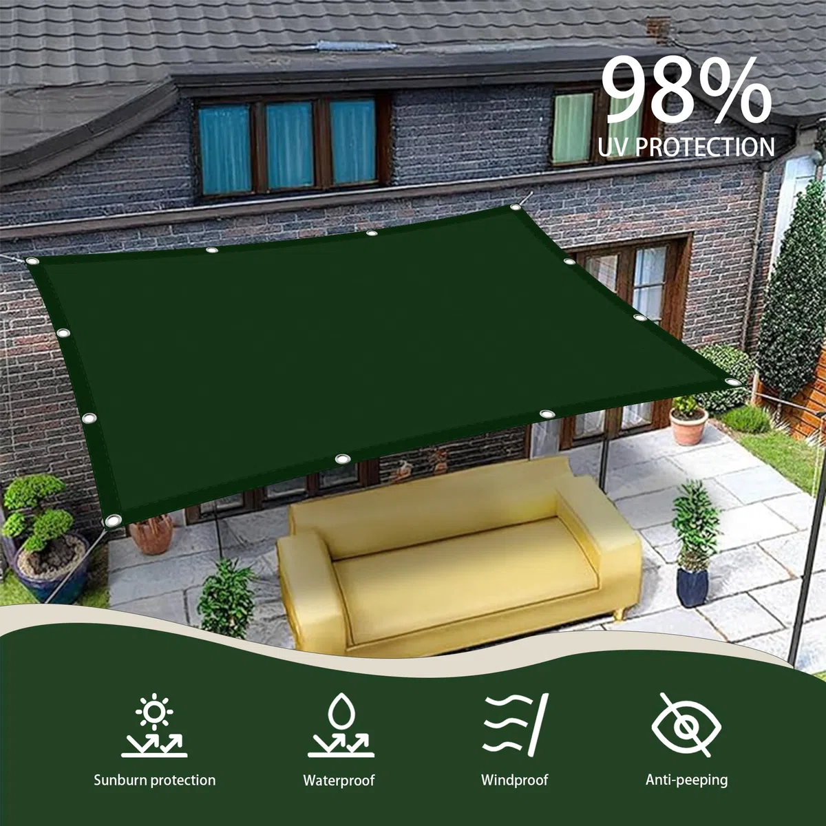 Zewnętrzny baldachim przeciwsłoneczny 440 x 500 cm, ochrona przed promieniowaniem UV 98%, biały parasol tarasowy z linami i przelotkami, do ogrodu, na basen, kemping i do pawilonu