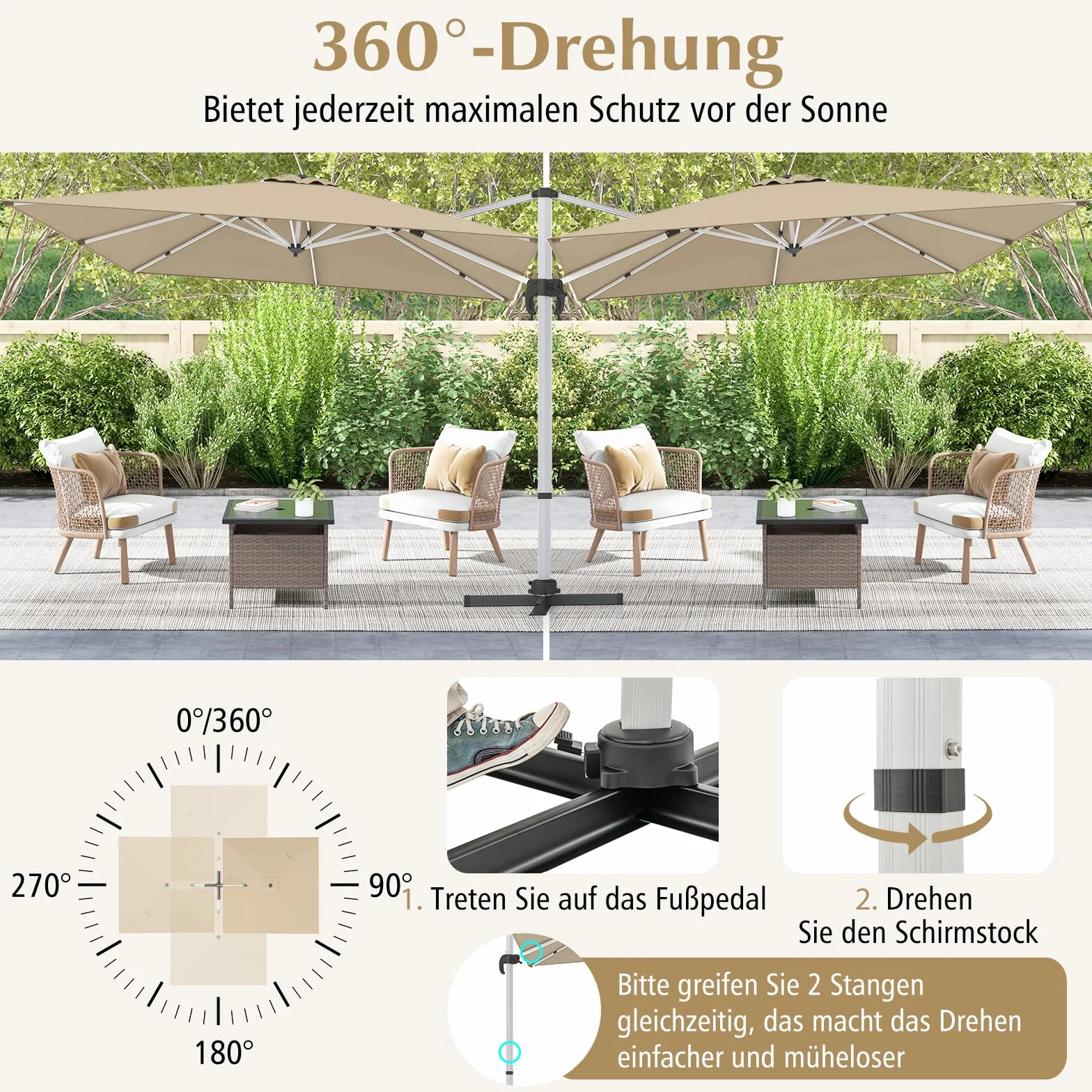 COSTWAY Parasol przeciwsłoneczny prostokątny 300 x 300 cm z korbą odchylany 360° beżowy