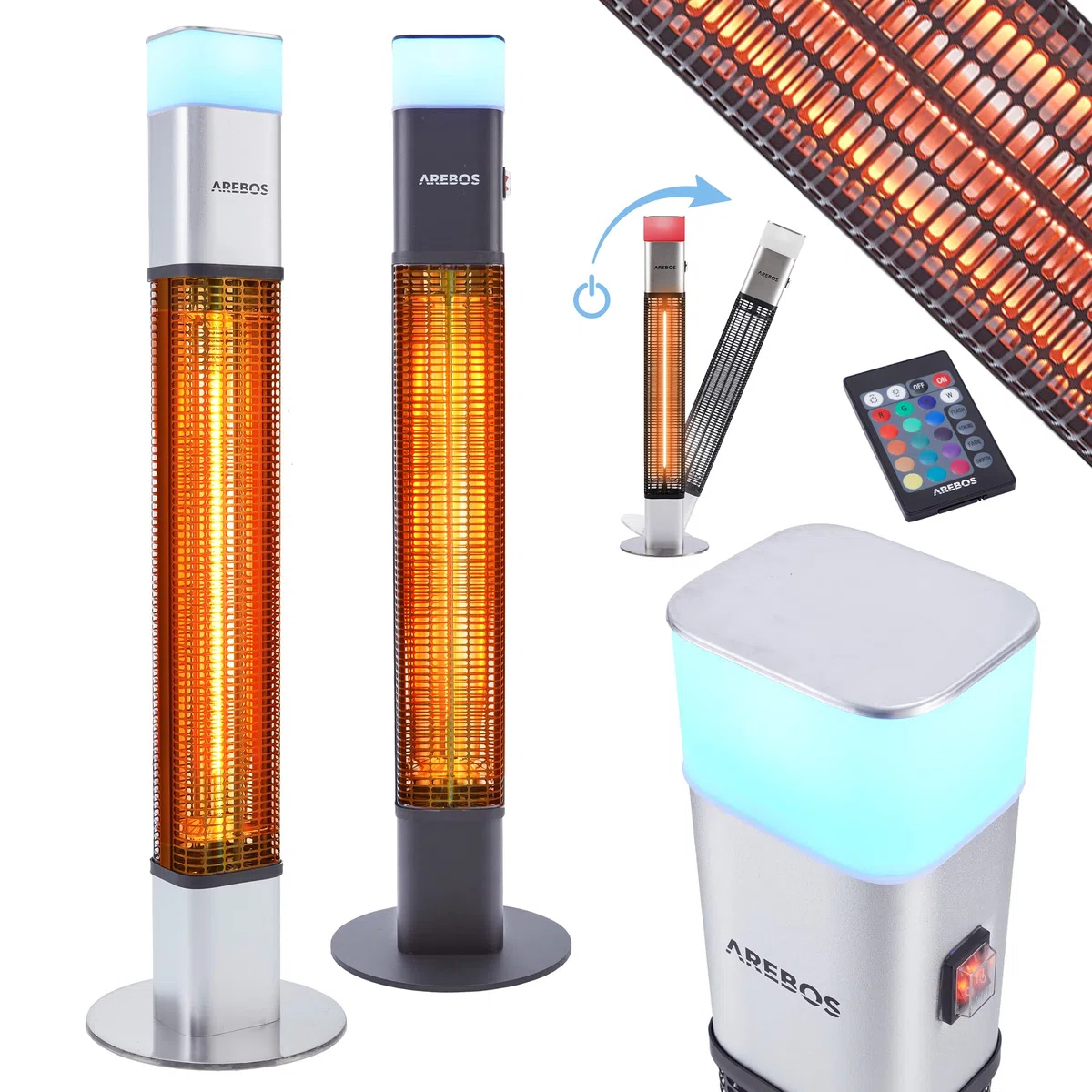 Arebos Grzejnik ciepła do wnętrz i na zewnątrz 1500 W | Grzejnik na podczerwień | węglowy element grzejny | 16 kolorów światła LED, przełącznik dźwigniowy, pilot zdalnego sterowania