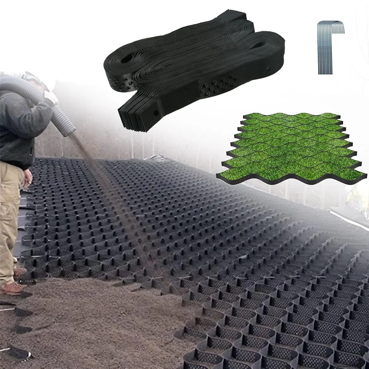Mata do podjazdu Geo Grid 10 cm, wytrzymała, składana i łatwa w montażu, z rękawiczkami, idealna do ogrodów, podjazdów, ścieżek, stoków, trwały stabilizator podłoża