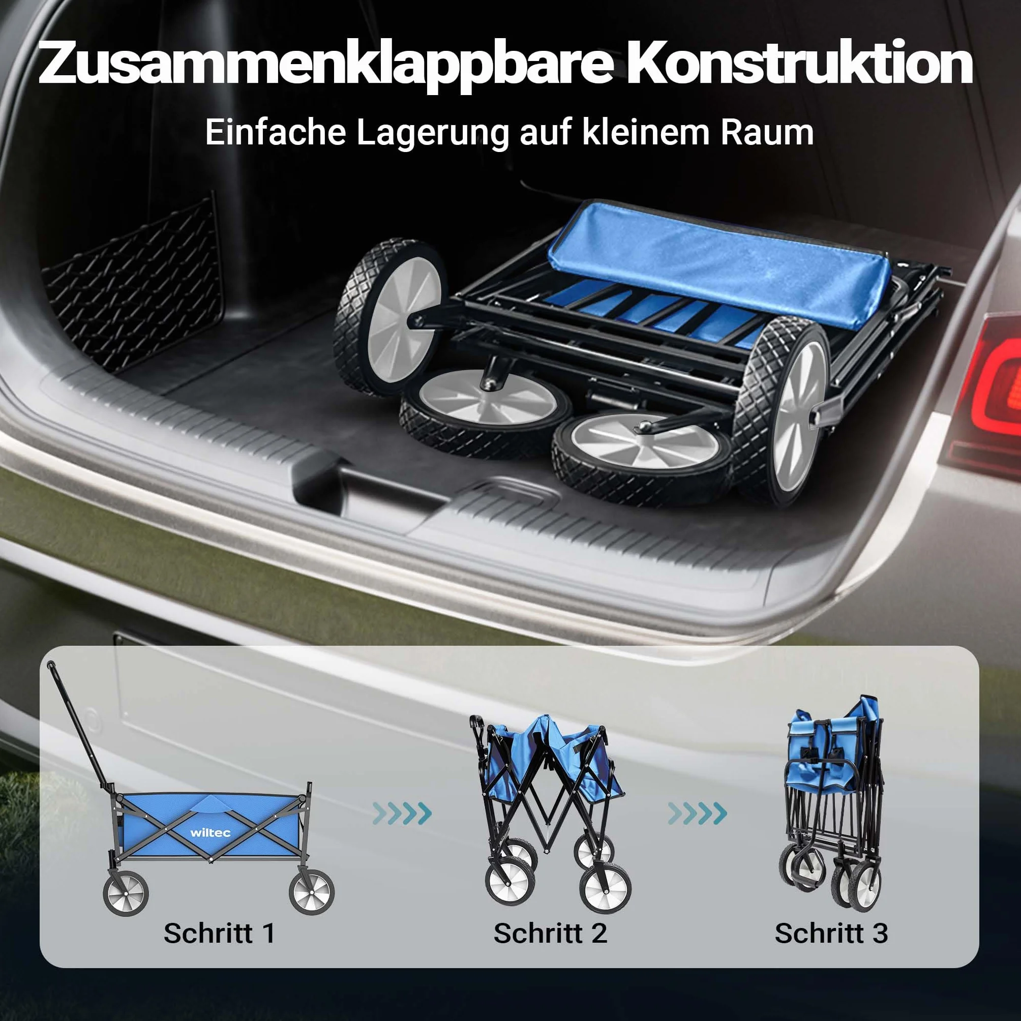 Wiltec Składany wózek transportowy niebieski do 68 kg obciążenia, kompaktowa przyczepka kempingowa, solidny wózek terenowy, turystyczny, ogrodowy