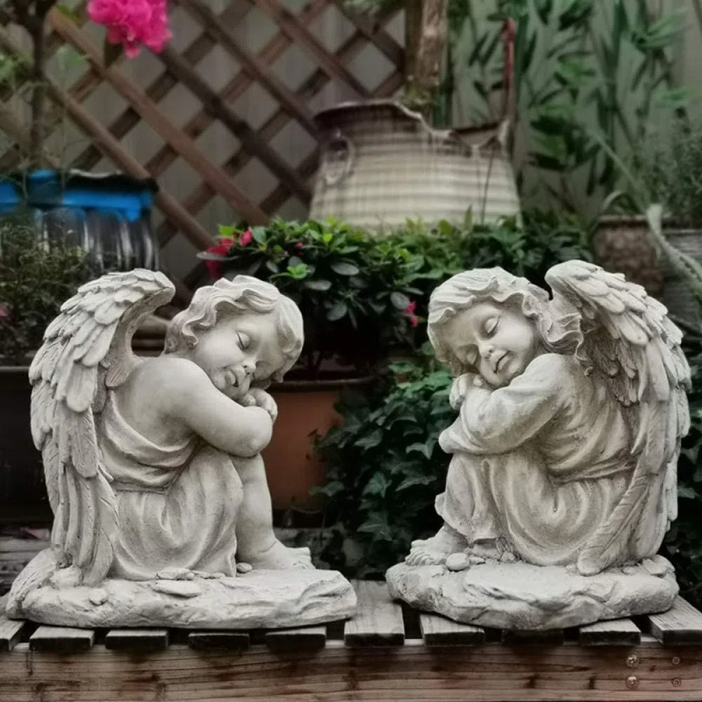 Figurka ogrodowa małej dziewczynki na rzeźbie anioła, serce, pamiątkowy prezent, statuetka anioła ze skrzydłami do domu, trawnika lub ogrodu (kolor: B-lewa)