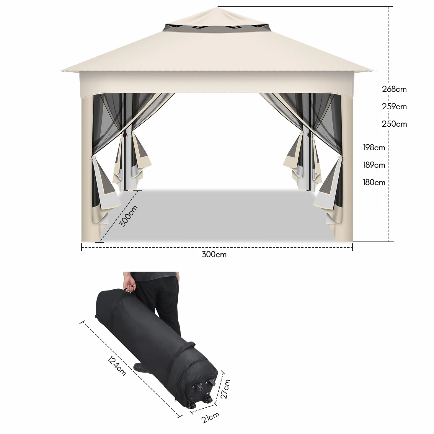 Pawilon 3 x 3 m, wodoodporny stabilny pawilon ogrodowy, pawilon z podwójnym dachem, pawilon z regulowanym podwójnym dachem, pawilon imprezowy z podwójnym dachem, pawilon składany, Beżowy
