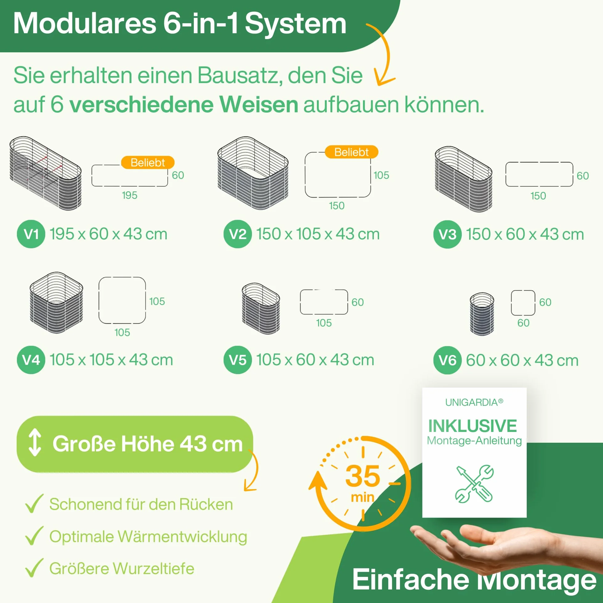 UNIGARDIA Podwyższona grządka z metalu 200 x 60 x 43 cm – modułowy zestaw podwyższonych grządek 6 w 1 – nierdzewna podwyższona grządka do ogrodu ze stali premium Zn-Al-Mg – min. 20 lat żywotności – 43