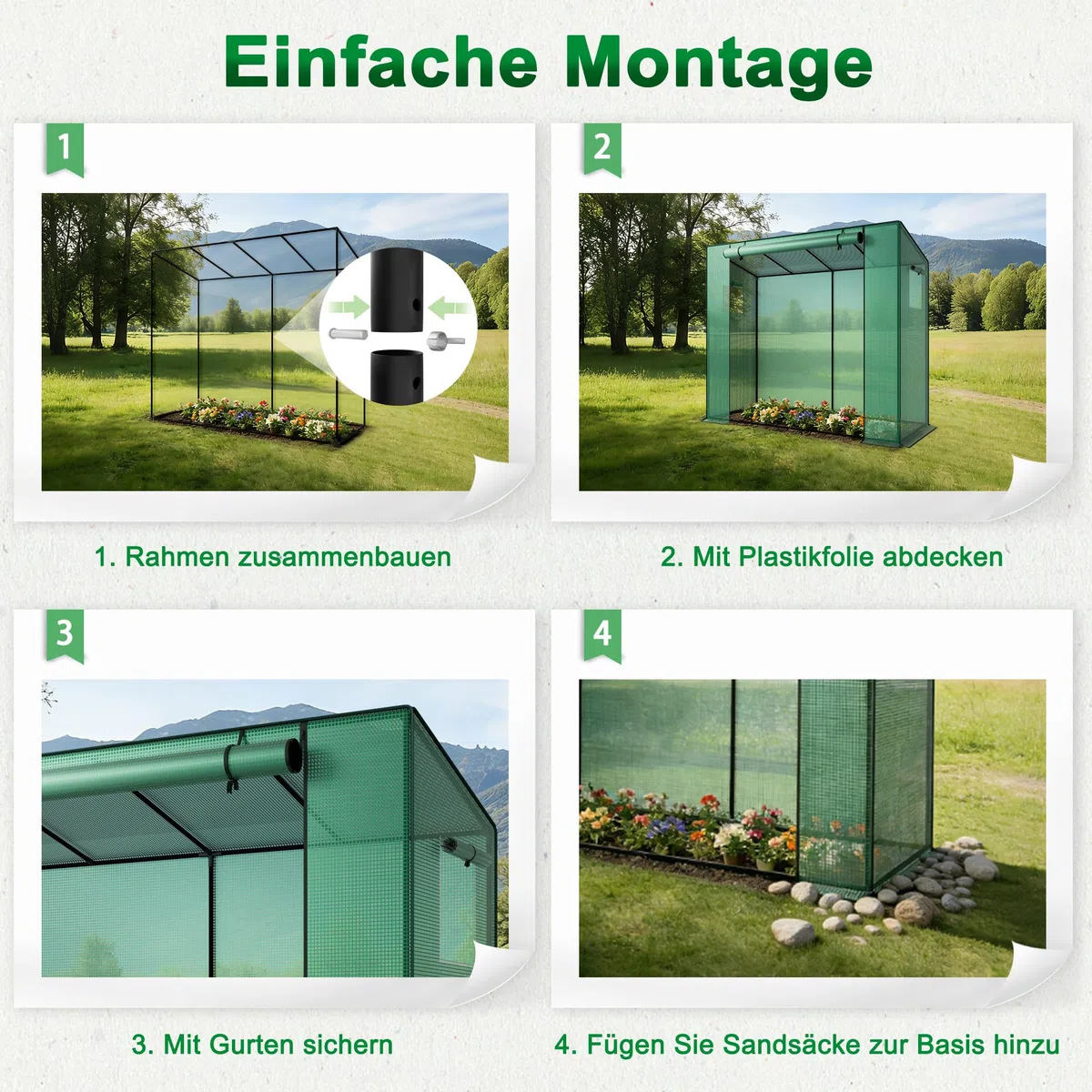 YRHome Dach skośny, 200 x 80 x 150 cm, z drzwiami i zwijanymi oknami, oddychająca szklarnia, rury ze stali ocynkowanej, ochrona przed promieniowaniem UV do warzyw, zielona