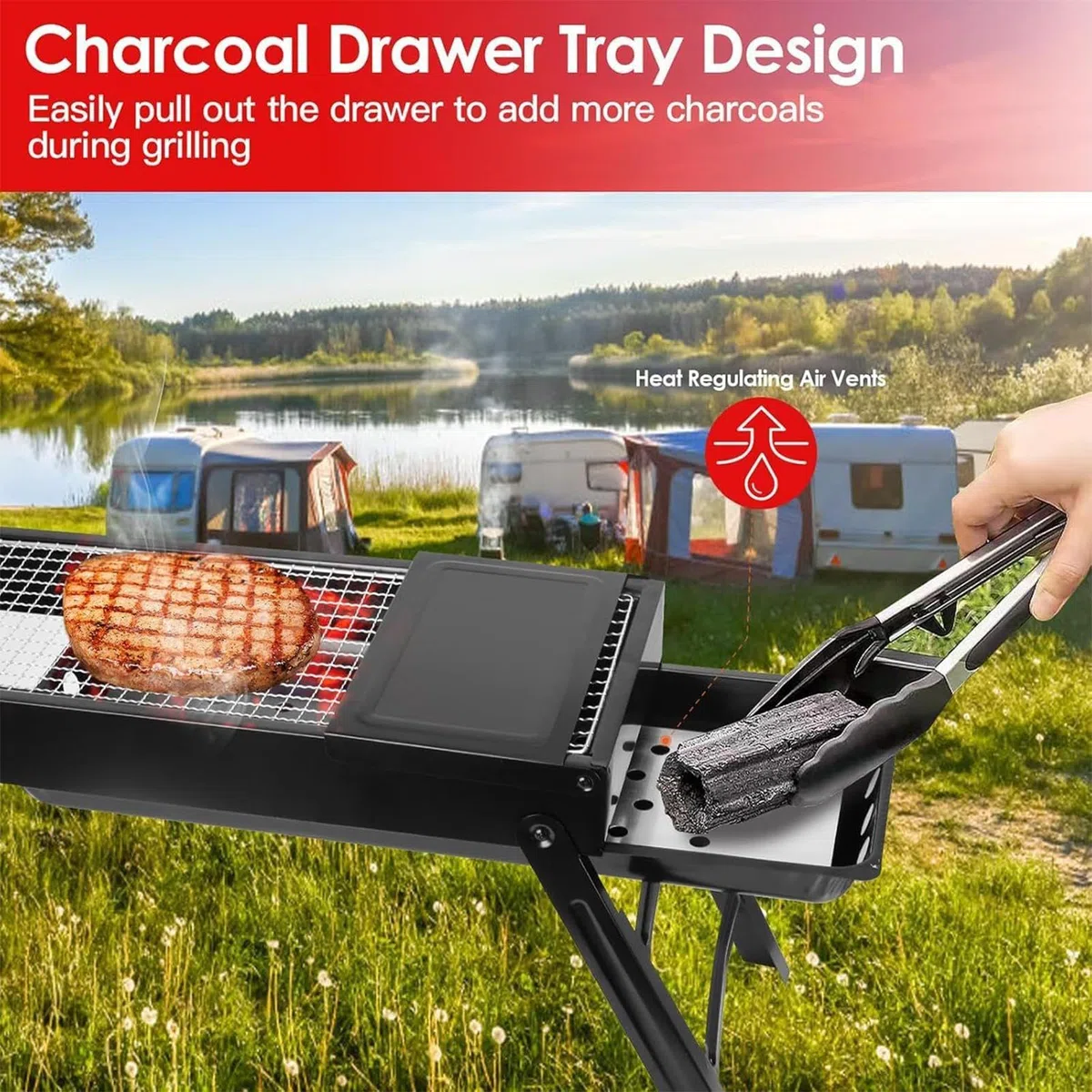 Przenośny grill na węgiel drzewny do gotowania na świeżym powietrzu, kompaktowy grill na piknik, kemping, wędrówki i plażę, idealny przenośny sprzęt do grillowania na przygody w ogrodzie