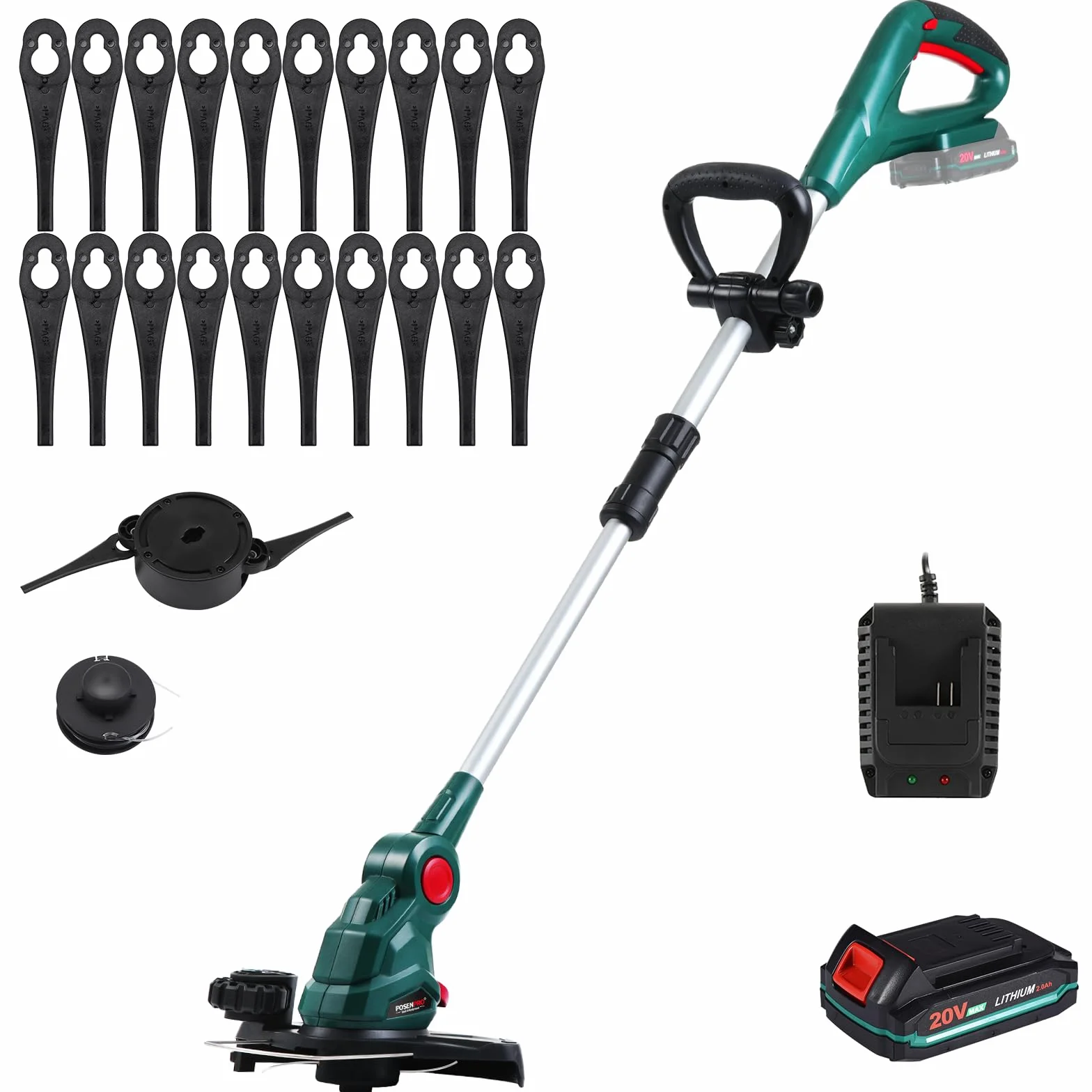 POSENPRO Akumulatorowa Podkaszarka/wykaszarka 2 w 1, 20 V Teleskopowa Podkaszarka do Trawy z 22 Ostrzami z Tworzywa Sztucznego i 2 łyżkami, Akumulator 2000 mAh, 26 cm