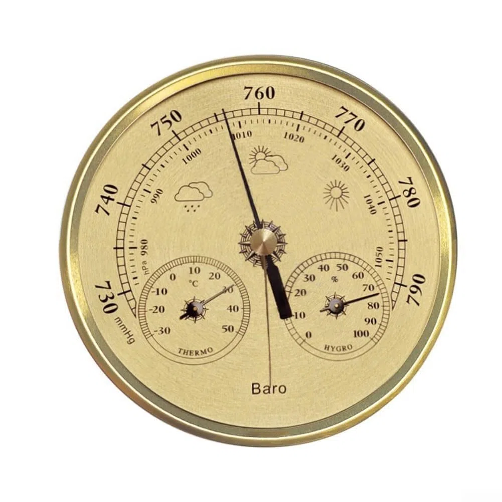 3-w-1 mechaniczna stacja pogodowa, termometr, higrometr, barometr, analogowy wyświetlacz temperatury wewnętrznej i zewnętrznej o średnicy 130 mm, nie wymaga baterii, aluminiowa konstrukcja metalowa