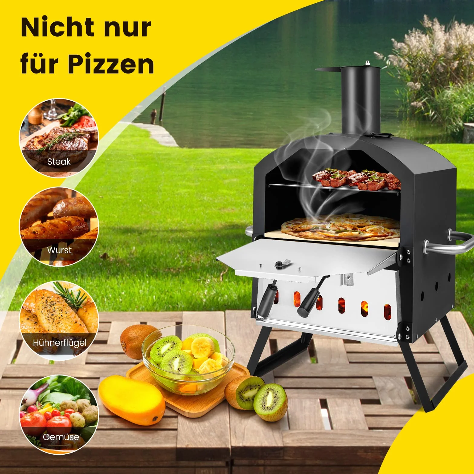 COSTWAY Piec do pizzy na zewnątrz, 2-warstwowy z rusztem grillowym, kamieniem, łopatką i składanymi nogami