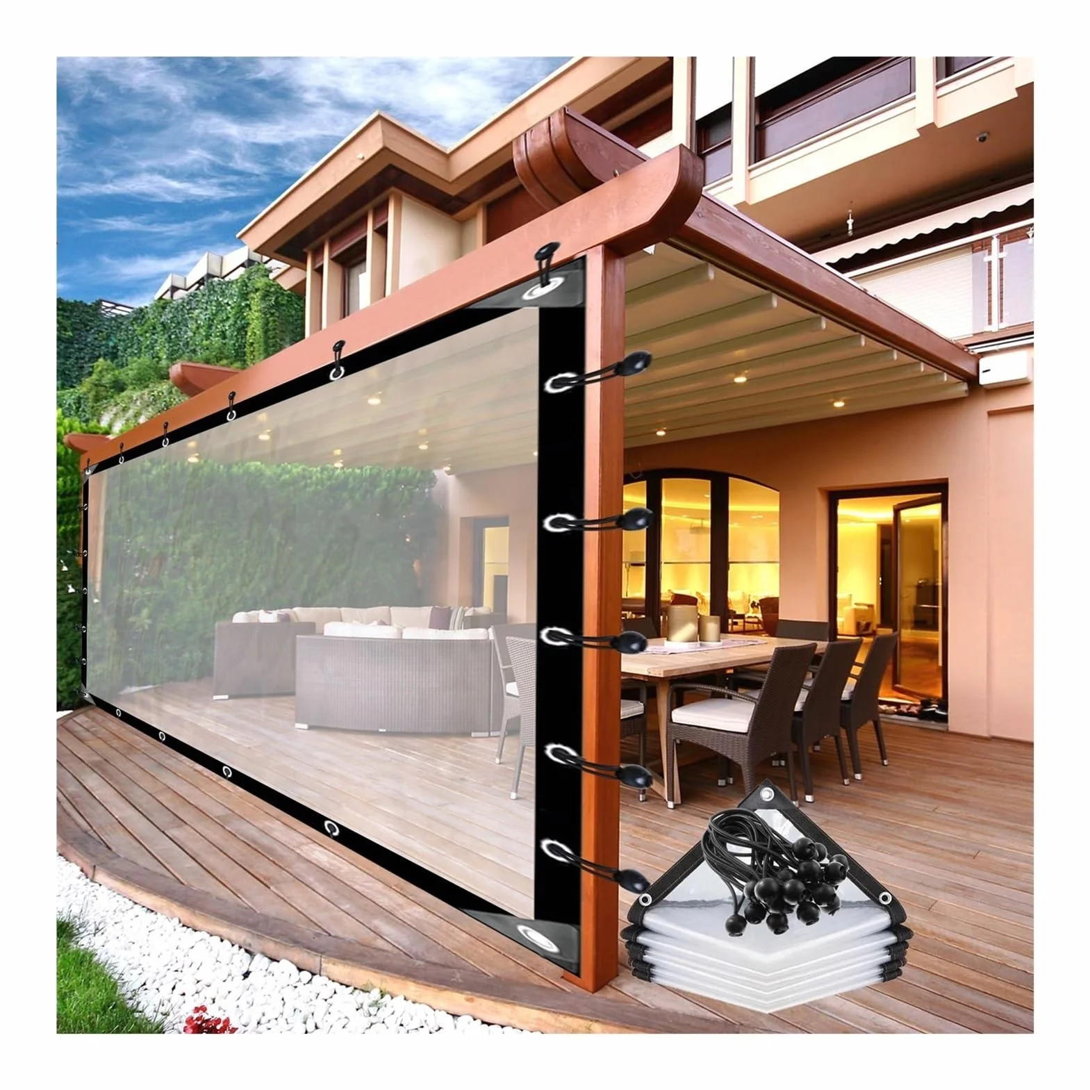 Zewnętrzne Przezroczyste Zasłony Pergola Wodoodporne Panele Boczne Z Oczkami Przezroczysta Plandeka Z Tworzywa Sztucznego, Do Altany, Ogrodów, Konfigurowalny AFGZQ (Color : CLEAR, Size : 9.84x16.4ft