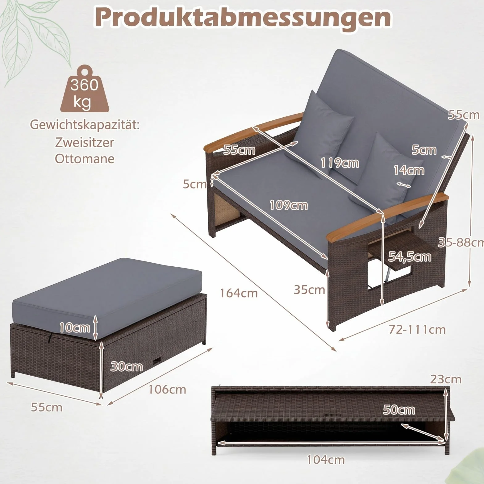 COSTWAY rattanowy zestaw mebli wypoczynkowych 3 w 1, podwójne łóżko ogrodowe, sofa 2-osobowa z taboretem, funkcja spania, regulowane oparcie i miejsce do przechowywania, meble ogrodowe do ogrodu,