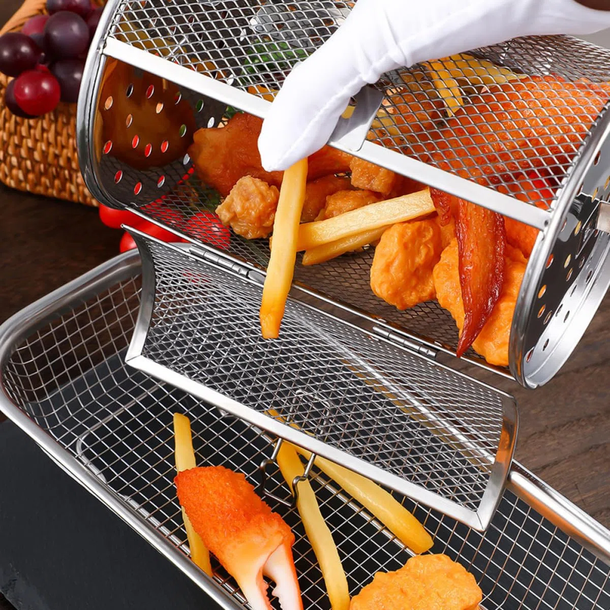 Obrotowy kosz ze stali nierdzewnej do piekarnika i grilla, akcesorium klasy spożywczej do grillowania orzechów i narzędzi kuchennych, idealny dla entuzjastów pieczenia i grillowania