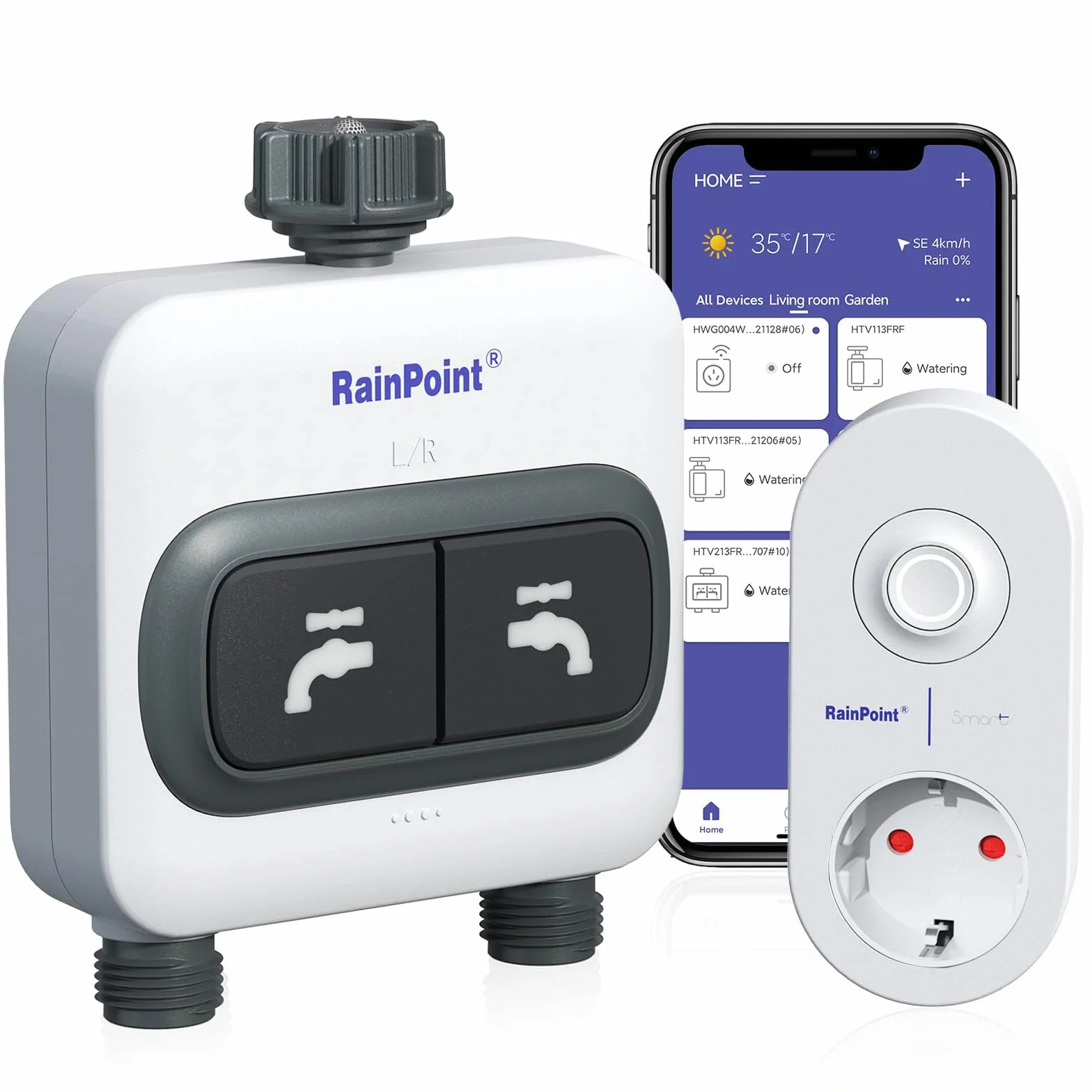 RAINPOINT Komputer nawadniający WLAN, 2 wyjścia 2,4 GHz z koncentratorem Wi-Fi, inteligentny zegar nawadniający z aplikacją/sterowaniem głosem, do automatycznego nawadniania ogrodów i trawników