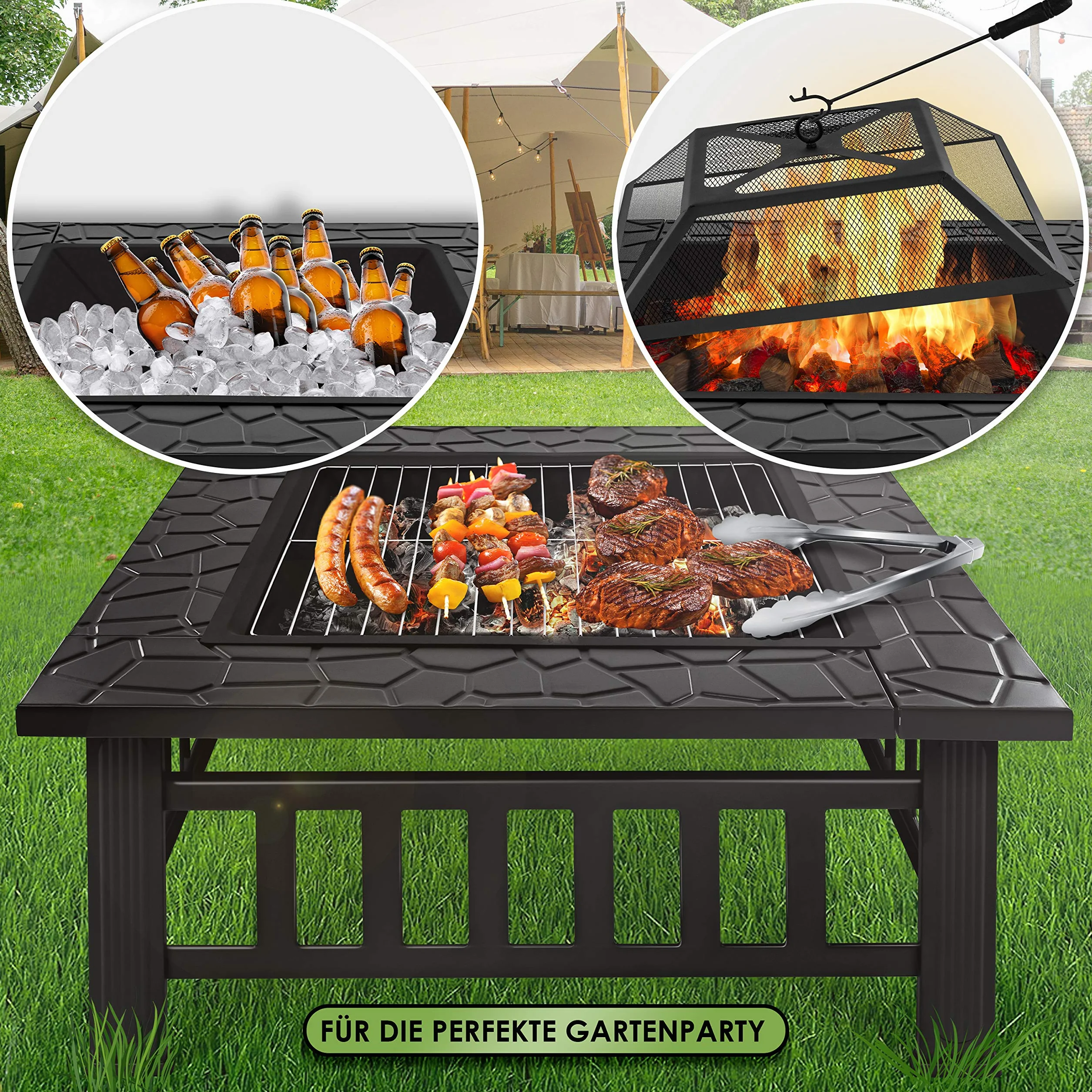 KESSER® Palenisko z rusztem do grillowania i szczypcami do grilla, koksownik 82 x 82 x 50 cm, 3 w 1, do ogrzewania/BBQ, do ogrodu, na taras, metalowy kosz z pokrowcem ochronnym, ochrona przed iskrami