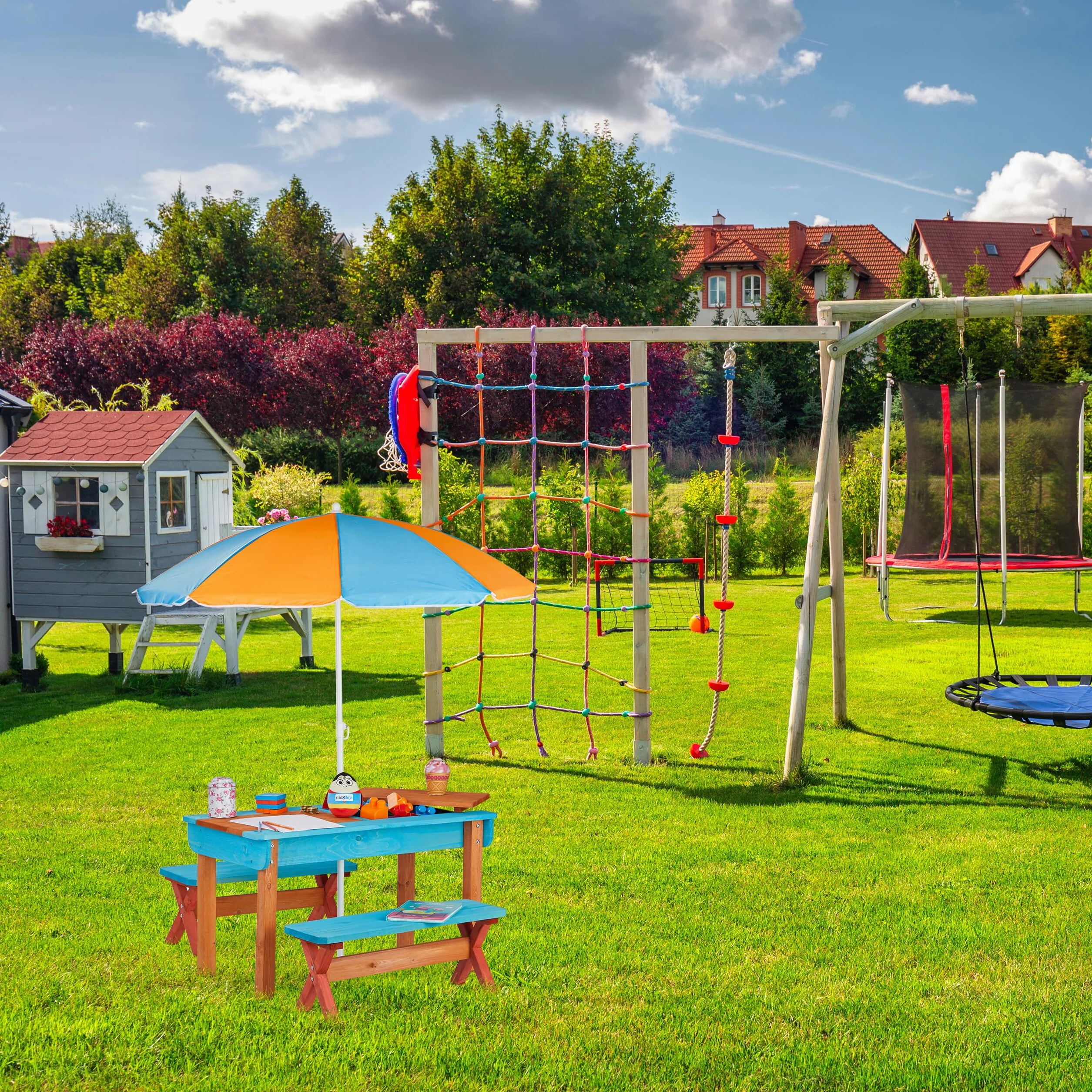 Relaxdays Zestaw mebli ogrodowych dla dzieci, drewno, stół, 2 ławki i parasol