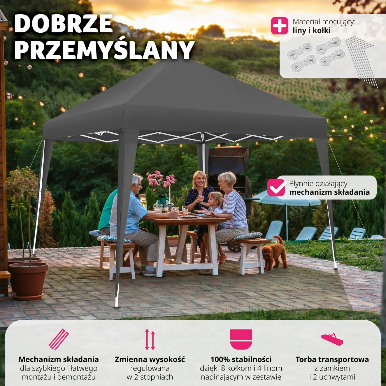 tectake® Składana Altanka, Pawilon Ogrodowy 3x3m, Wodoodporny Dach z Ochroną UV, Stalowy Stelaż Malowany Proszkowo, Regulacja Wysokości, Łatwy Montaż, Namiot Imprezowy (Szary)