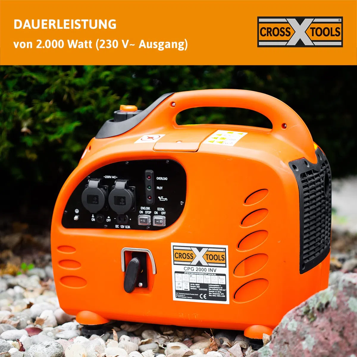 CROSS TOOLS Generator prądu inwertorowego na benzynę, agregat prądotwórczy (moc maks. 2200 W, 2 x 230 V; 1 x gniazdo 12 V, technologia INV umożliwia ładowanie laptopa, telefonu komórkowego itd.) CPG