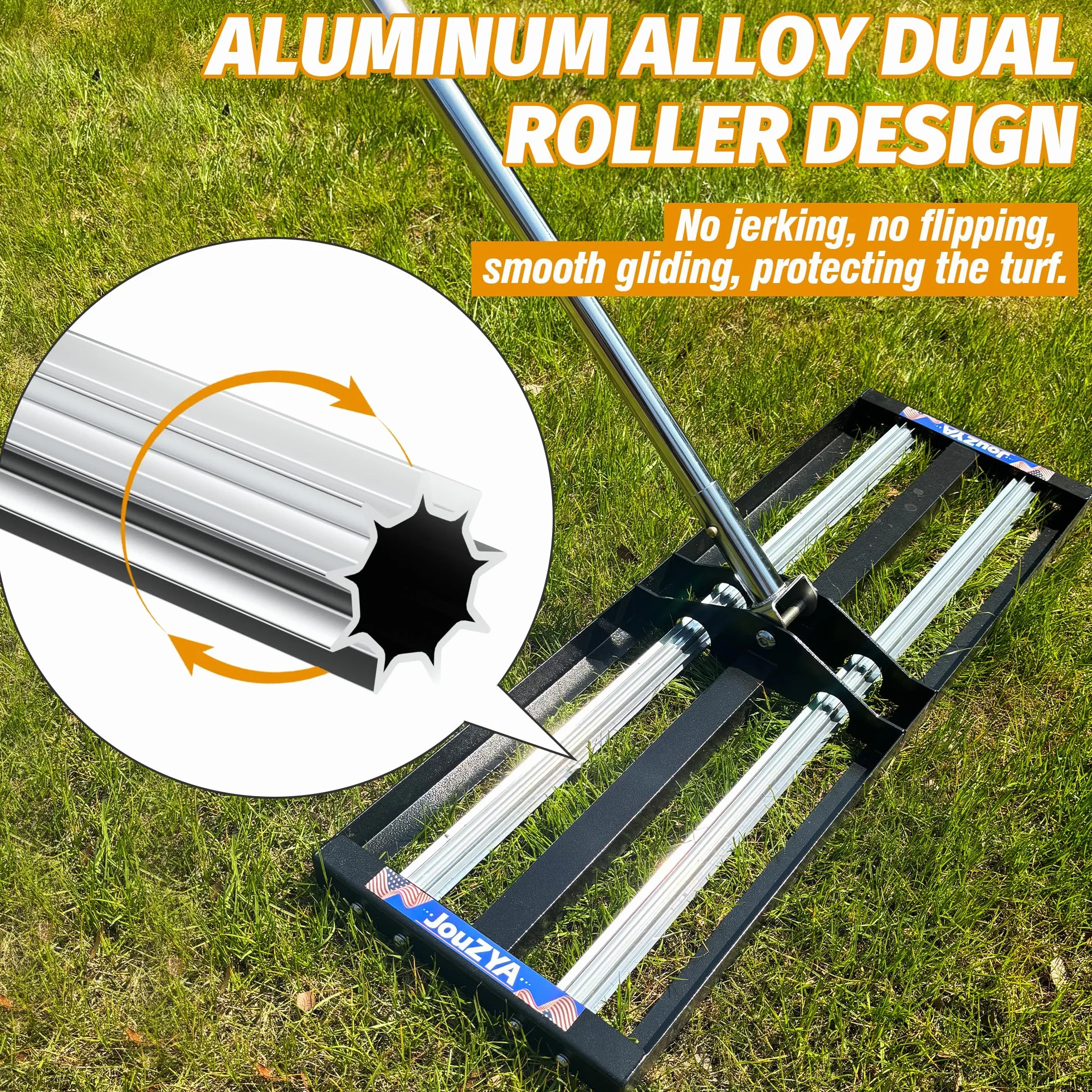 Ulepszona grabia poziomująca do trawnika z aluminiowymi rolkami, narzędzie poziomujące ze stali nierdzewnej 76 cm x 25 cm, wytrzymała poziomownica do trawnika z rozszerzonym uchwytem 203 cm, grabie
