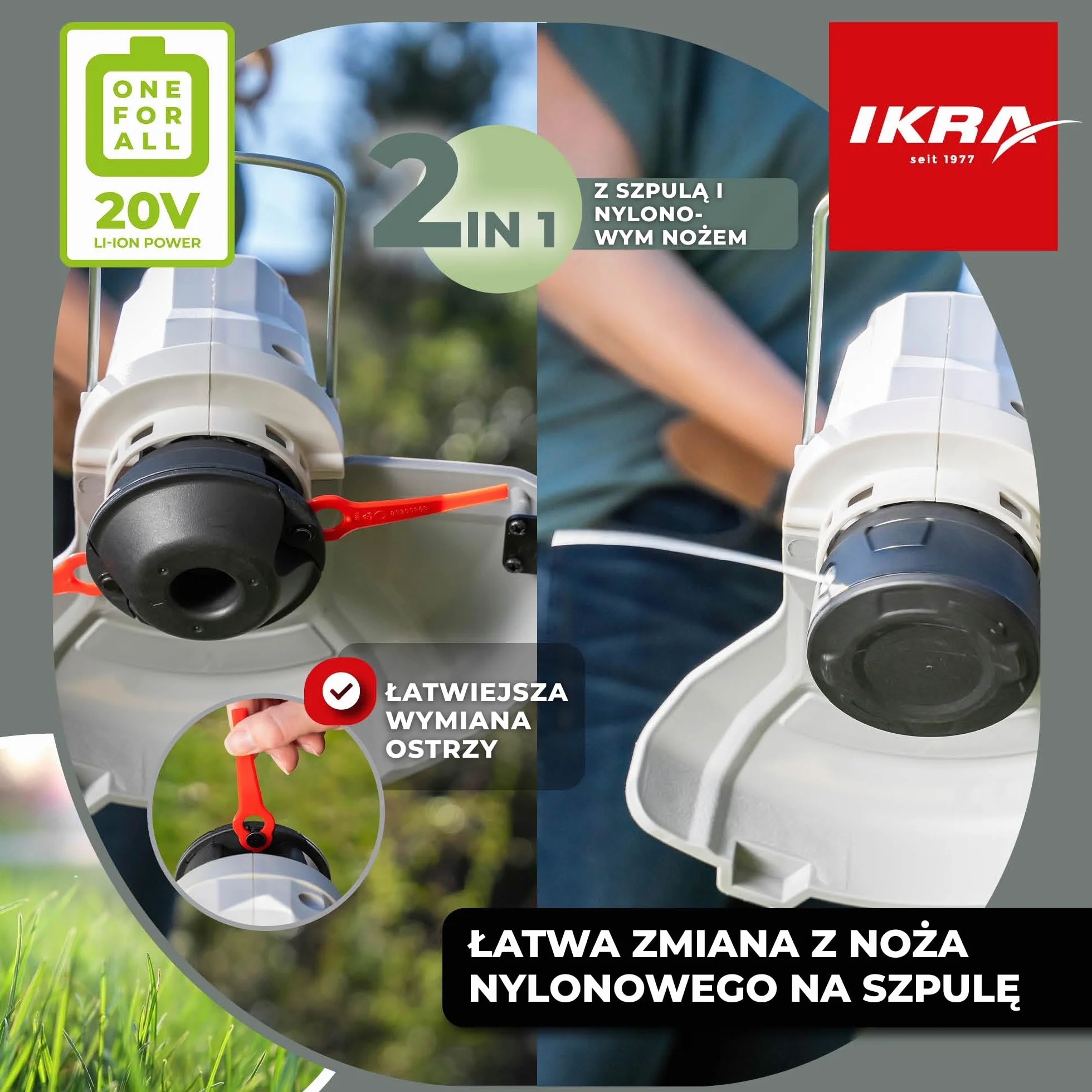 IKRA podkaszarka do trawy 2 w 1 IART 2025 bez kabla akumulator 1,9 kg