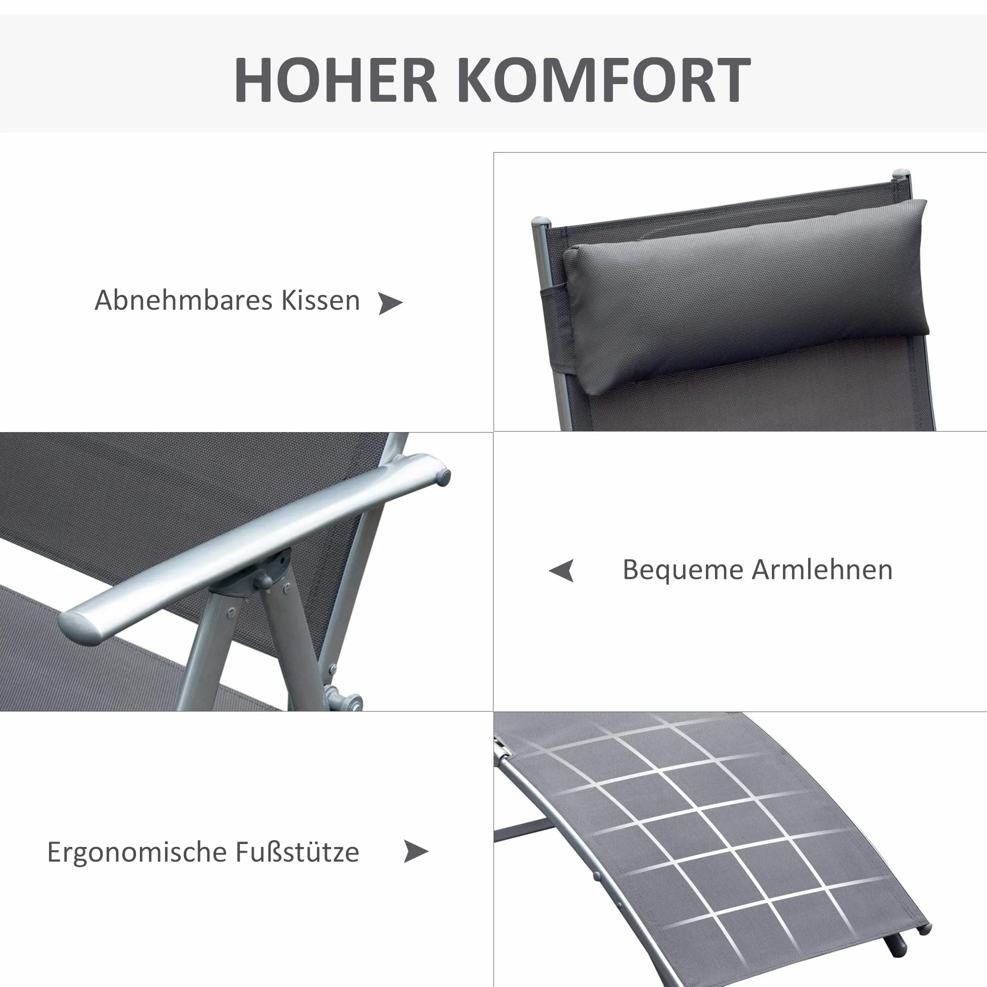 Outsunny ligstoel ligbed voor op het strand ligbed voor buiten inklapbaar verstelbaar met kussen tuin grijs metaal + stof grijs 137 x 63,5 x 100,5 cm