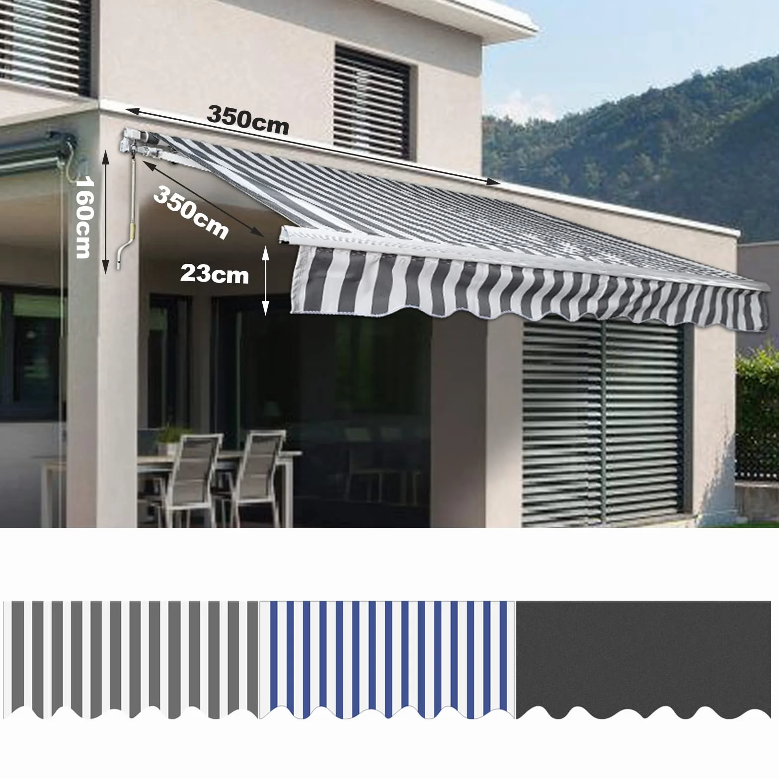Fiqops Ręczna markiza z ramieniem przegubowym 350 x 300 cm odporna na UV wodoodporna aluminium poliester szara
