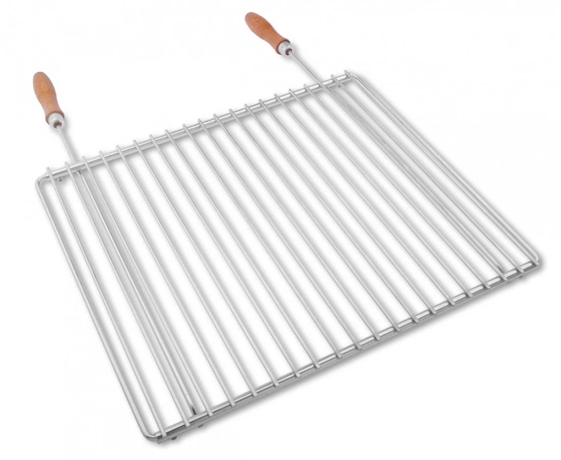 Ruszt do grillowania ze stali nierdzewnej o regulowanej szerokości 45 – 55 x 37 cm, wykonany z europejskiej stali nierdzewnej, z drewnianymi uchwytami, regulowany ruszt do grillowania, ruszt do