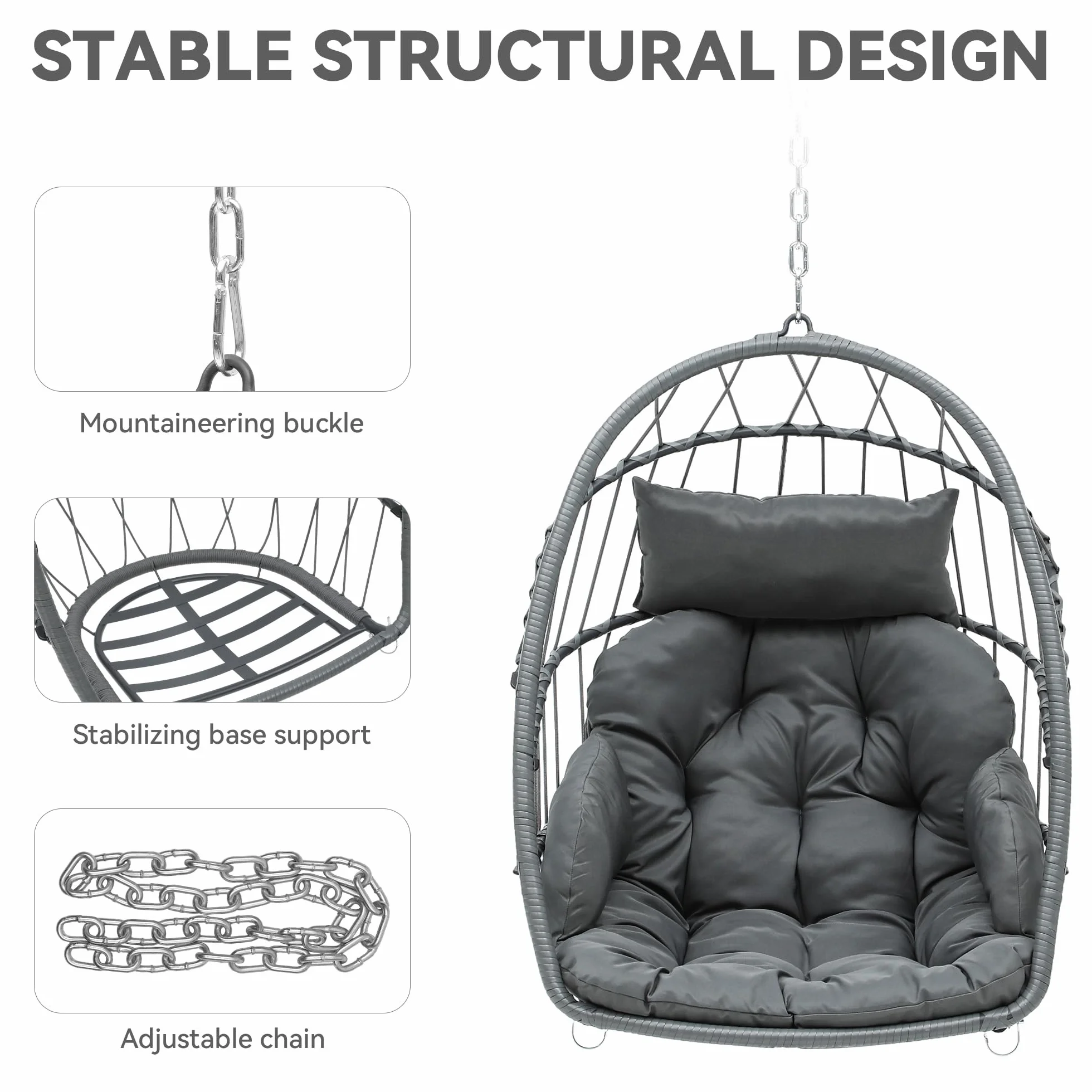 YITAHOME Wiszące Krzesło Do Jajek z 2 Poduszkami - Maksymalne Obciążenie 150 kg, 105 x 74 x 72 cm, Żelazna Stabilna Rama Stalowa, z Łańcuszkiem i Haczykiem